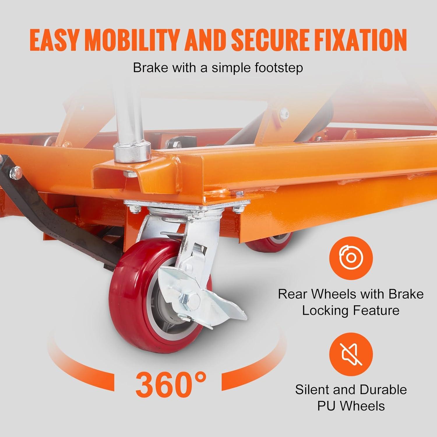image:imageVEVOR Electric Lift Table 330 lbs Capacity Single Scissor Lift Table 828 in Height Adjustable Lifting Platform Coffee Table Lift with 4 Wheels for Material Handling and Transportation BlackOrange