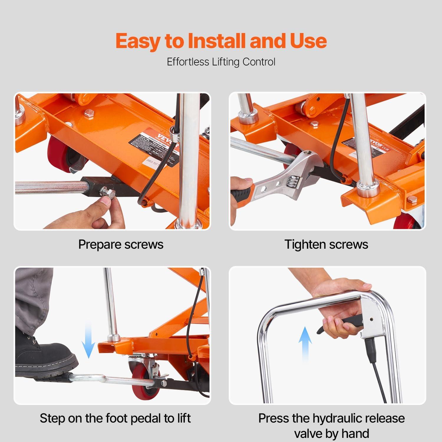 image:imageVEVOR Electric Lift Table 330 lbs Capacity Single Scissor Lift Table 828 in Height Adjustable Lifting Platform Coffee Table Lift with 4 Wheels for Material Handling and Transportation BlackOrange