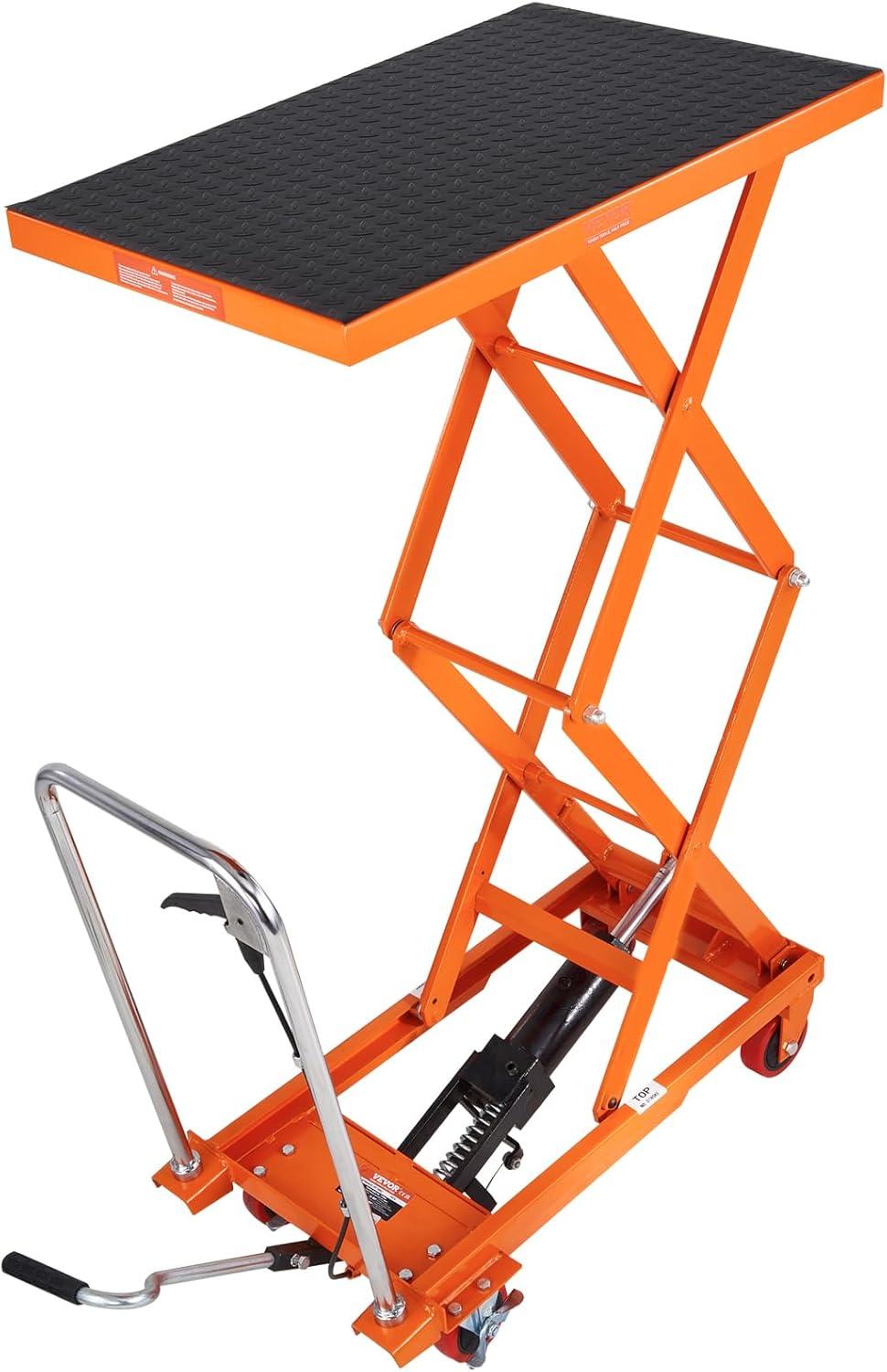 image:imageVEVOR Electric Lift Table 330 lbs Capacity Single Scissor Lift Table 828 in Height Adjustable Lifting Platform Coffee Table Lift with 4 Wheels for Material Handling and Transportation BlackOrange