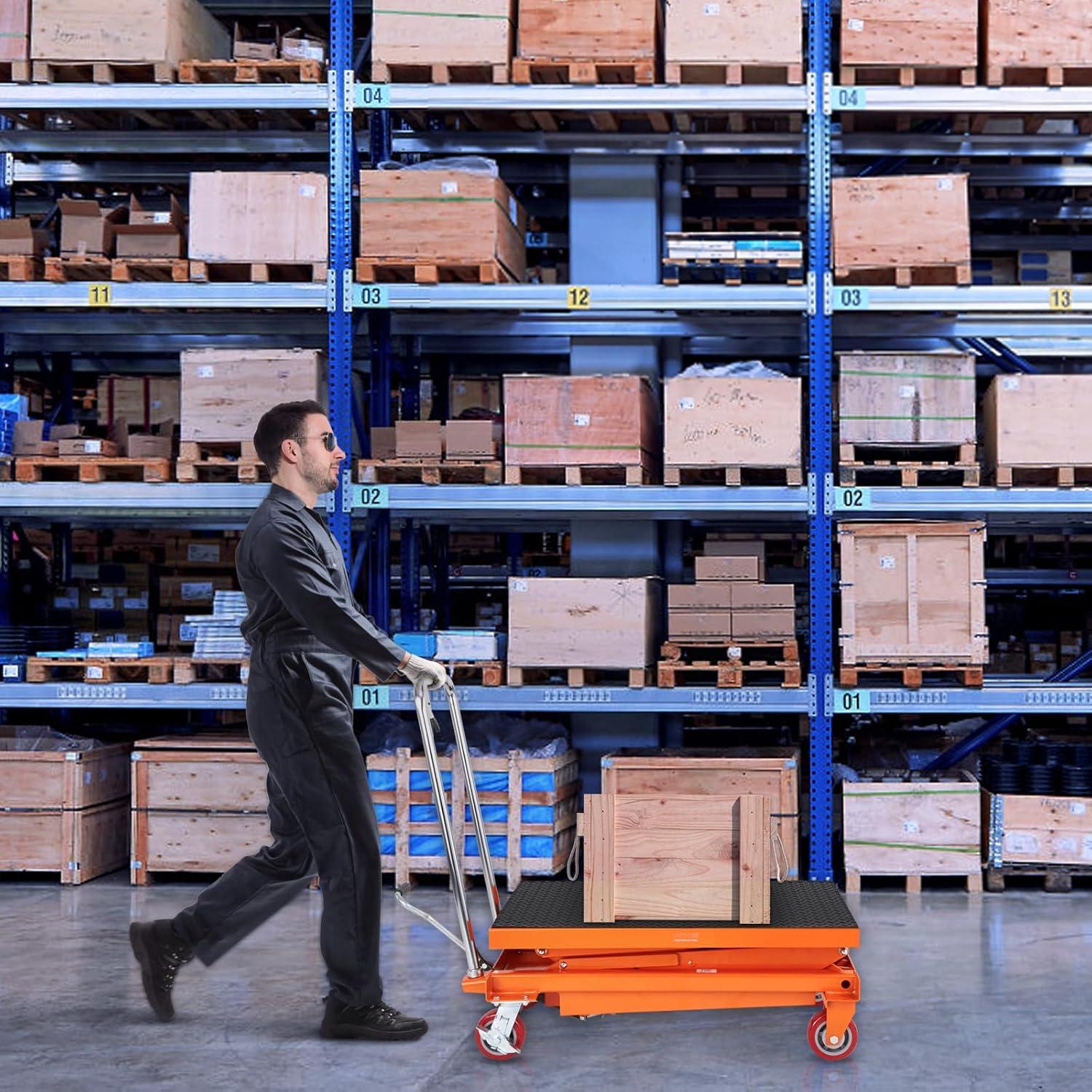 image:imageVEVOR Electric Lift Table 330 lbs Capacity Single Scissor Lift Table 828 in Height Adjustable Lifting Platform Coffee Table Lift with 4 Wheels for Material Handling and Transportation BlackOrange