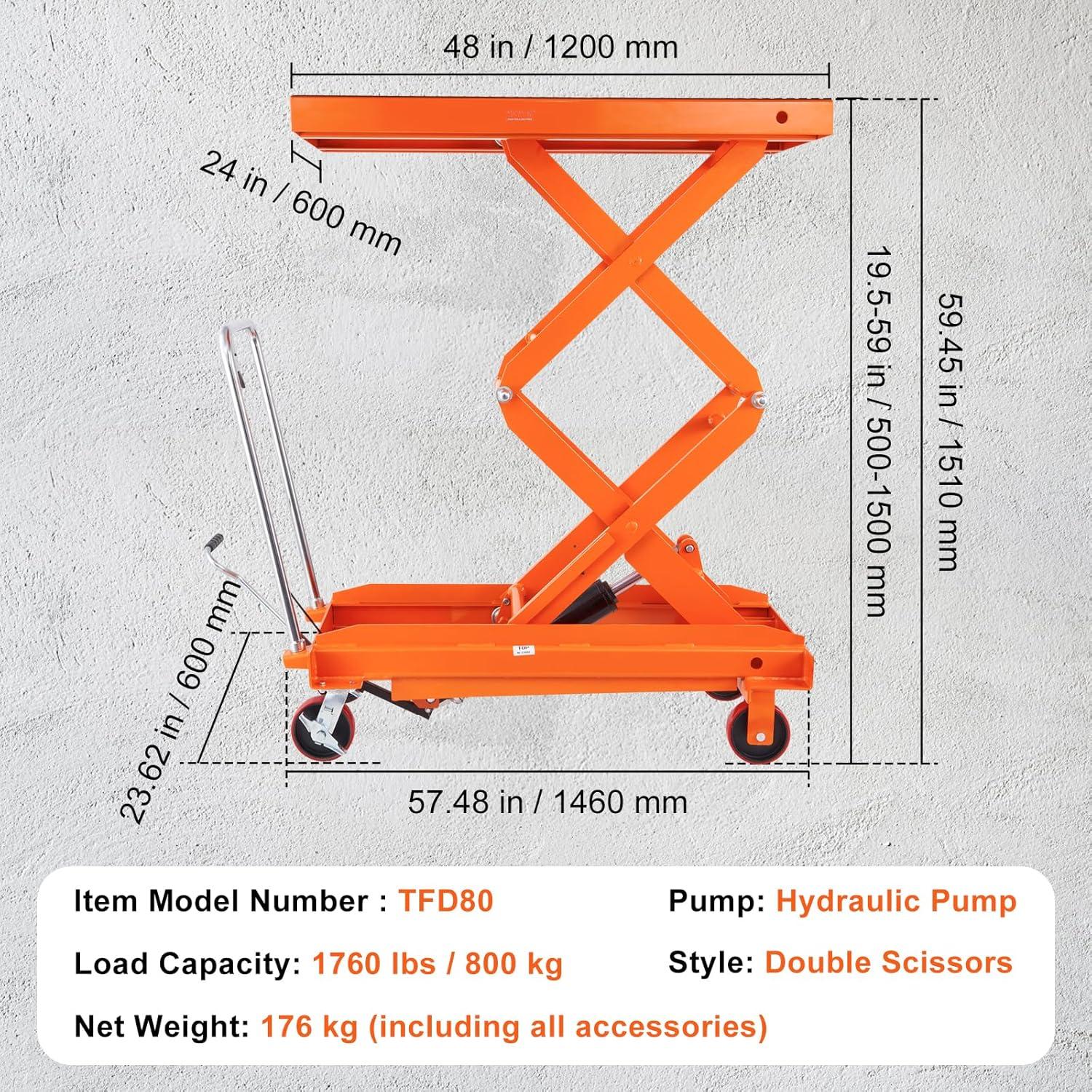 image:imageVEVOR Electric Lift Table 330 lbs Capacity Single Scissor Lift Table 828 in Height Adjustable Lifting Platform Coffee Table Lift with 4 Wheels for Material Handling and Transportation BlackOrange