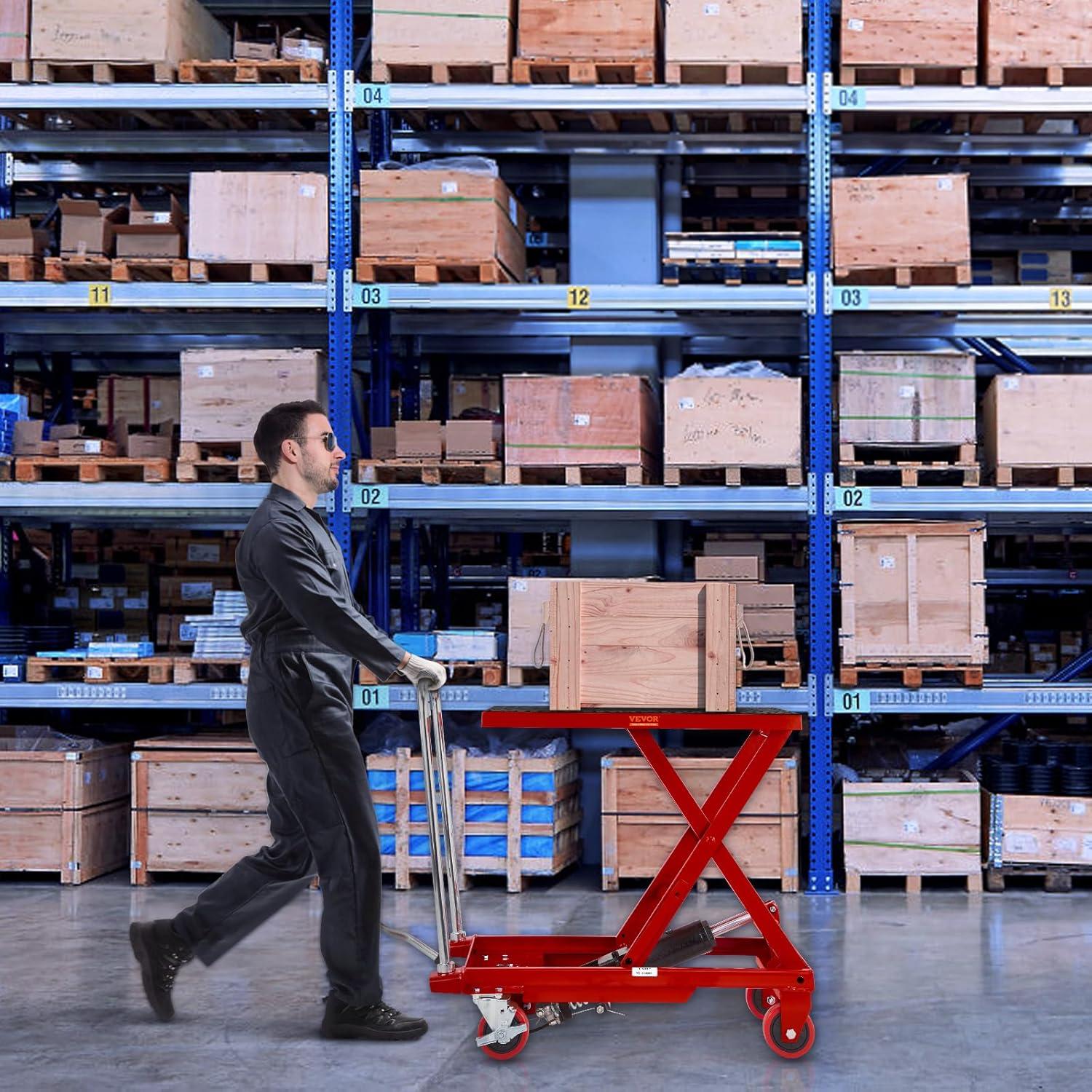image:imageVEVOR Electric Lift Table 330 lbs Capacity Single Scissor Lift Table 828 in Height Adjustable Lifting Platform Coffee Table Lift with 4 Wheels for Material Handling and Transportation BlackRed