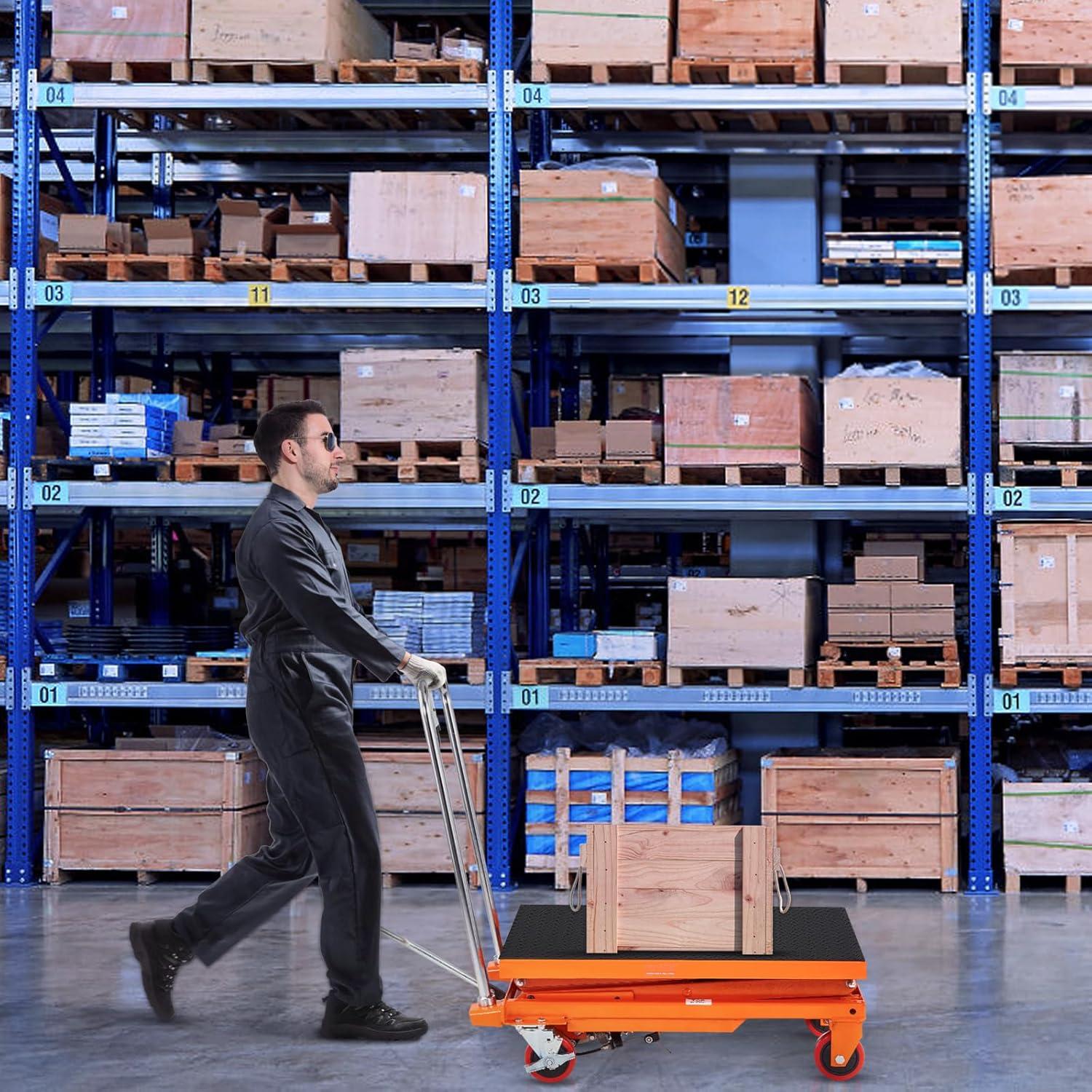 image:imageVEVOR Electric Lift Table 330 lbs Capacity Single Scissor Lift Table 828 in Height Adjustable Lifting Platform Coffee Table Lift with 4 Wheels for Material Handling and Transportation BlackOrange