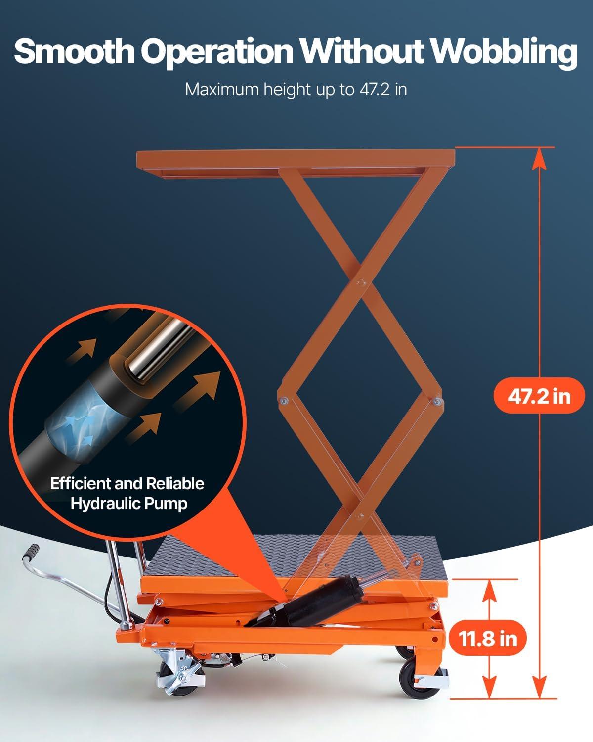 image:imageVEVOR Electric Lift Table 330 lbs Capacity Single Scissor Lift Table 828 in Height Adjustable Lifting Platform Coffee Table Lift with 4 Wheels for Material Handling and Transportation BlackOrange