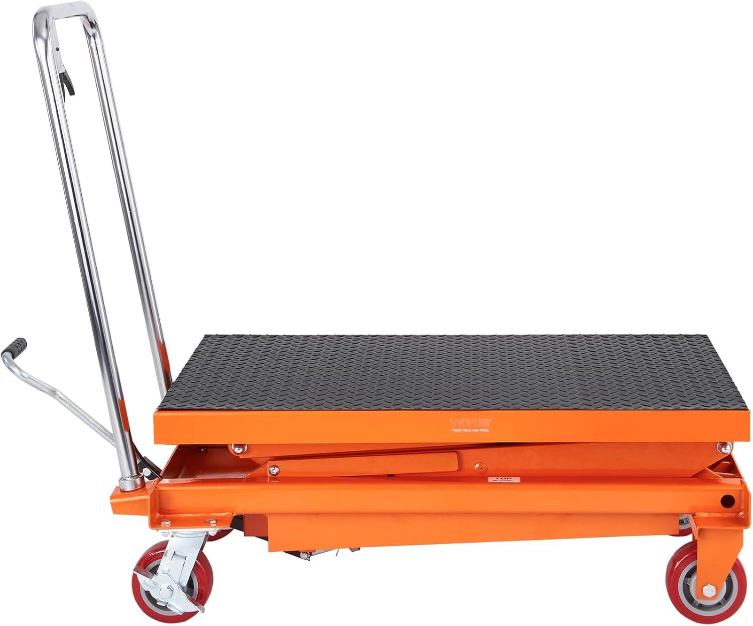 image:imageVEVOR Electric Lift Table 330 lbs Capacity Single Scissor Lift Table 828 in Height Adjustable Lifting Platform Coffee Table Lift with 4 Wheels for Material Handling and Transportation BlackOrange