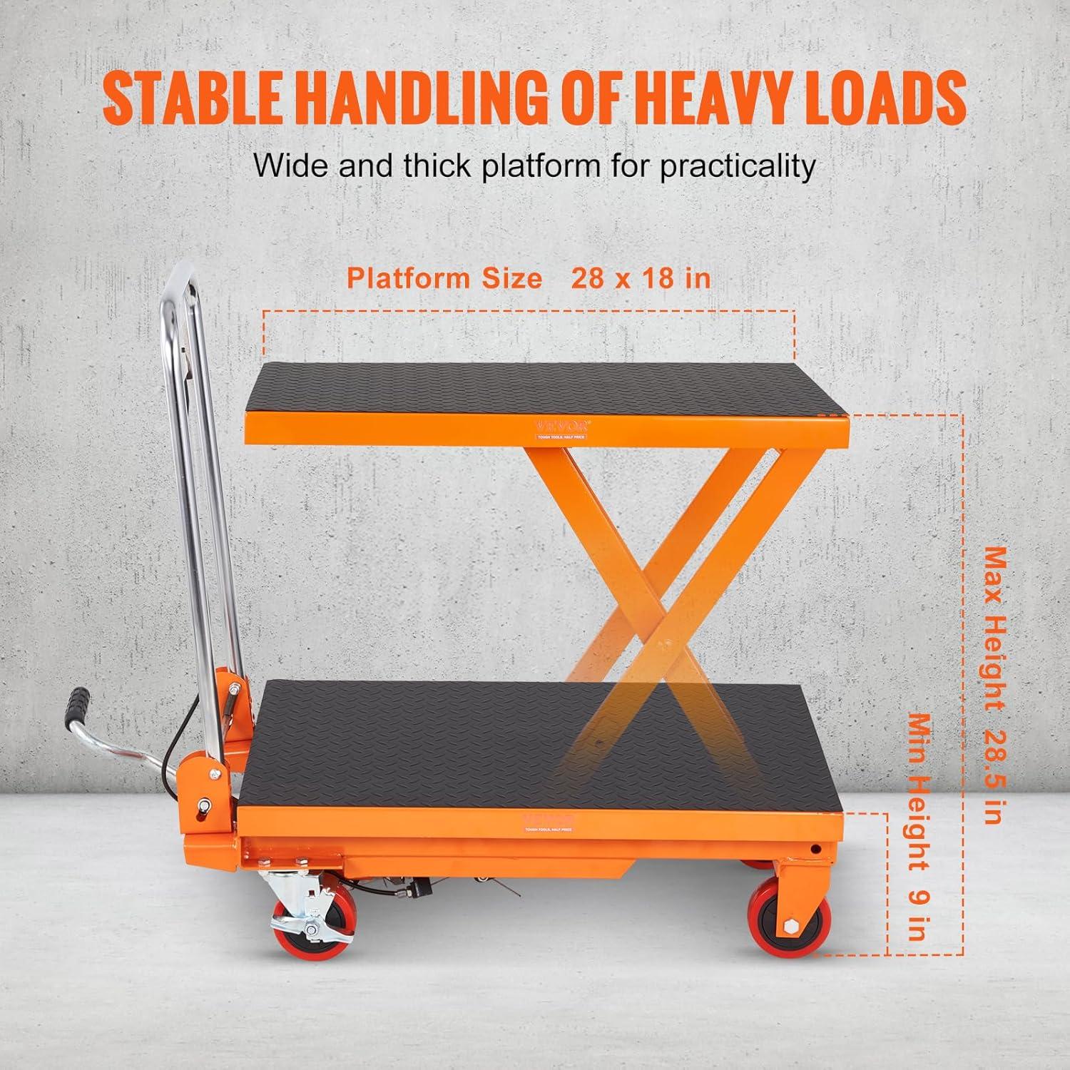 image:imageVEVOR Electric Lift Table 330 lbs Capacity Single Scissor Lift Table 828 in Height Adjustable Lifting Platform Coffee Table Lift with 4 Wheels for Material Handling and Transportation BlackOrange