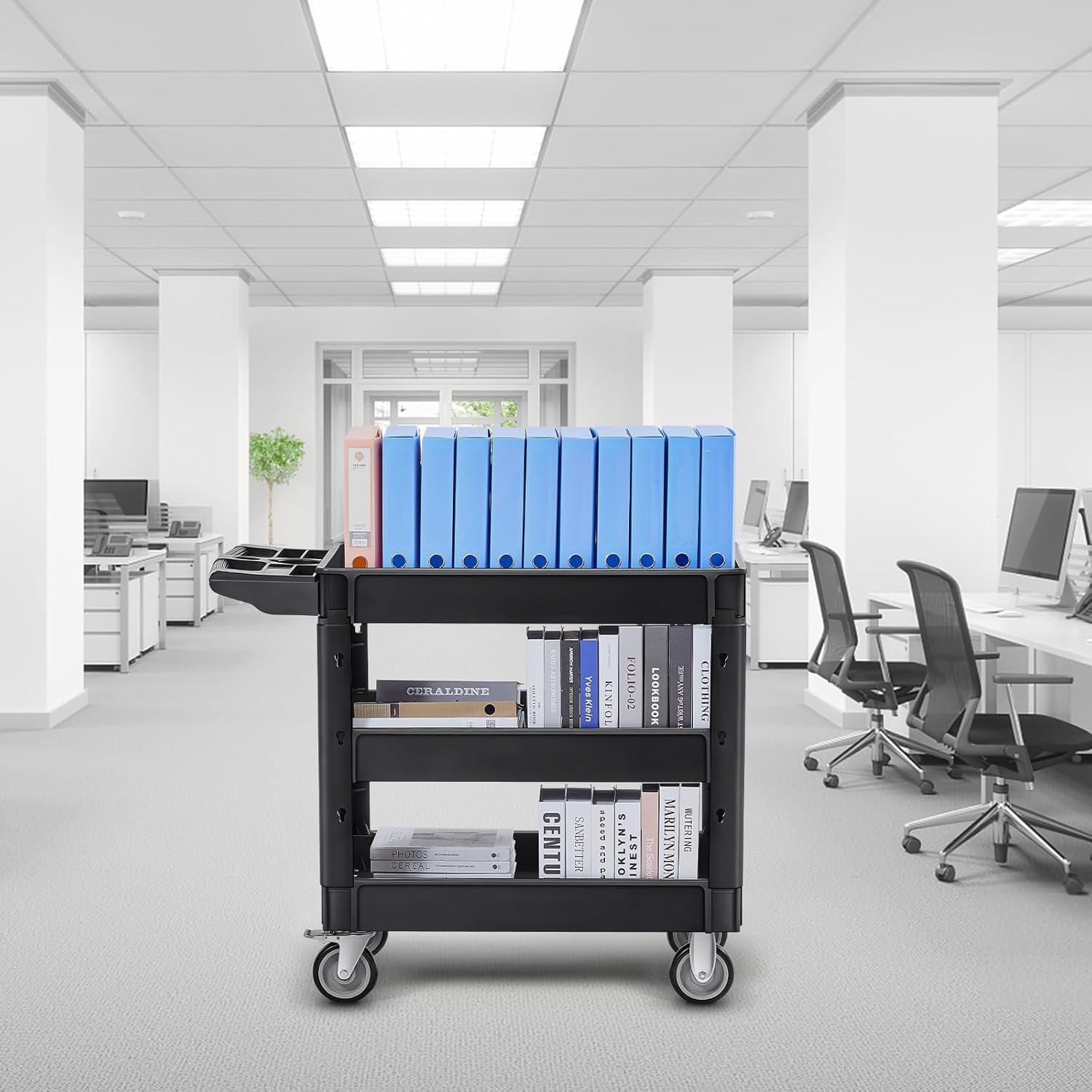 image:imageVEVOR Foldable Utility Service Cart 165LBS 3 Shelf Heavy Duty Plastic Rolling Cart with 360 Swivel Wheels 2 with Brakes Ergonomic Handle Portable Garage Tool Cart for Warehouse Office Home3 Tier550LBS