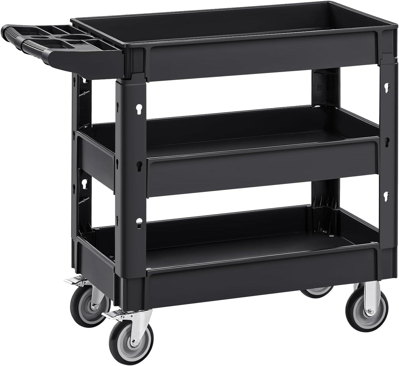 image:imageVEVOR Foldable Utility Service Cart 165LBS 3 Shelf Heavy Duty Plastic Rolling Cart with 360 Swivel Wheels 2 with Brakes Ergonomic Handle Portable Garage Tool Cart for Warehouse Office Home3 Tier550LBS