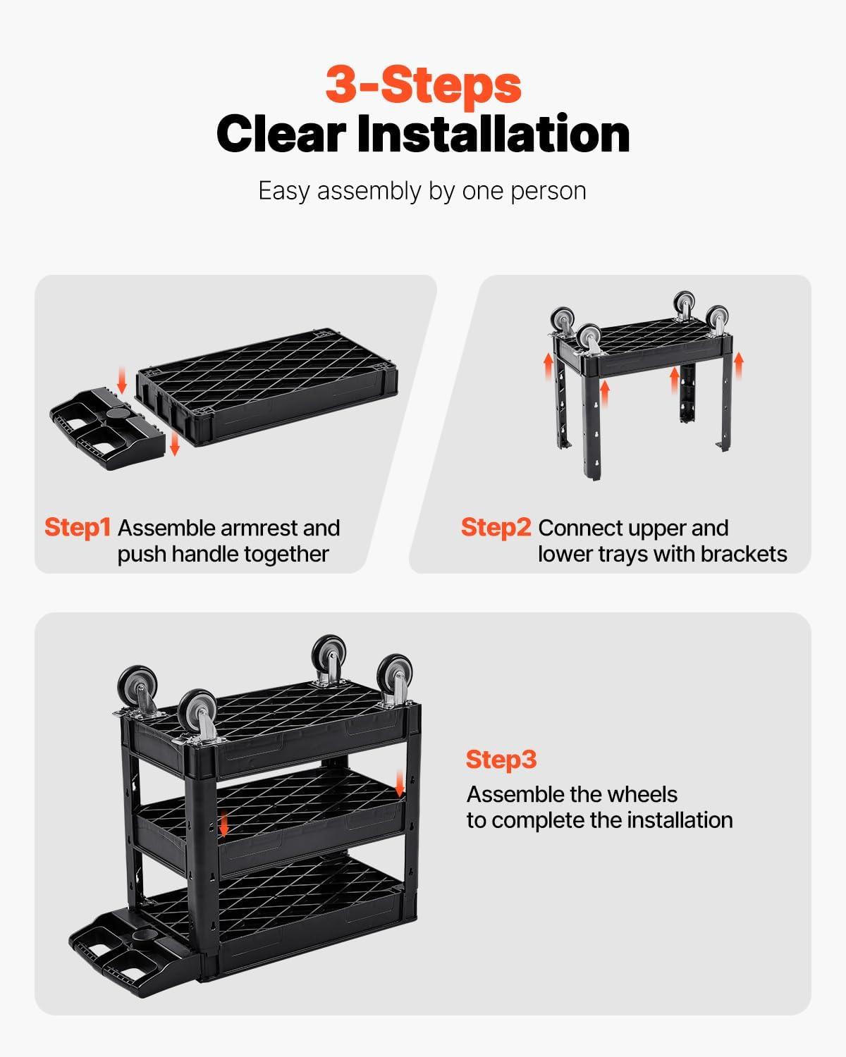 image:imageVEVOR Foldable Utility Service Cart 165LBS 3 Shelf Heavy Duty Plastic Rolling Cart with 360 Swivel Wheels 2 with Brakes Ergonomic Handle Portable Garage Tool Cart for Warehouse Office Home3 Tier550LBS