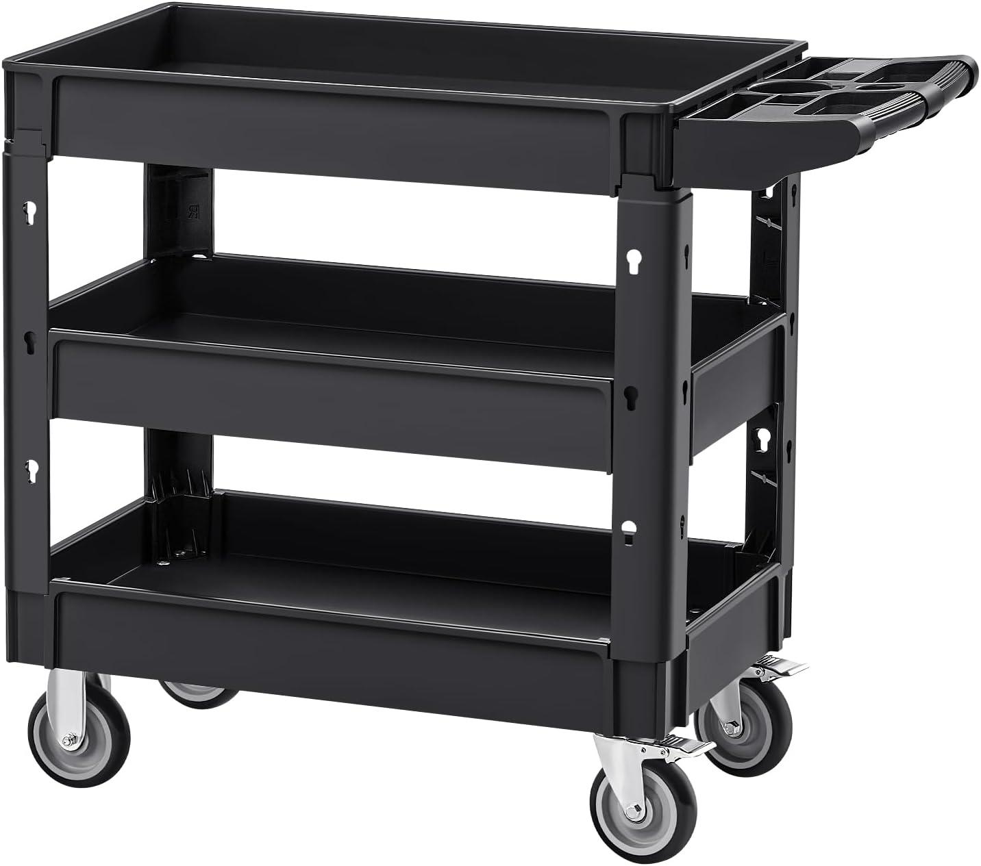 image:imageVEVOR Foldable Utility Service Cart 165LBS 3 Shelf Heavy Duty Plastic Rolling Cart with 360 Swivel Wheels 2 with Brakes Ergonomic Handle Portable Garage Tool Cart for Warehouse Office Home3 Tier550LBS