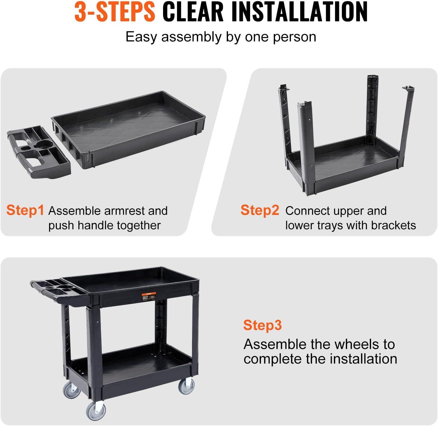 image:imageVEVOR Foldable Utility Service Cart 165LBS 3 Shelf Heavy Duty Plastic Rolling Cart with 360 Swivel Wheels 2 with Brakes Ergonomic Handle Portable Garage Tool Cart for Warehouse Office Home2 Tier550LBS
