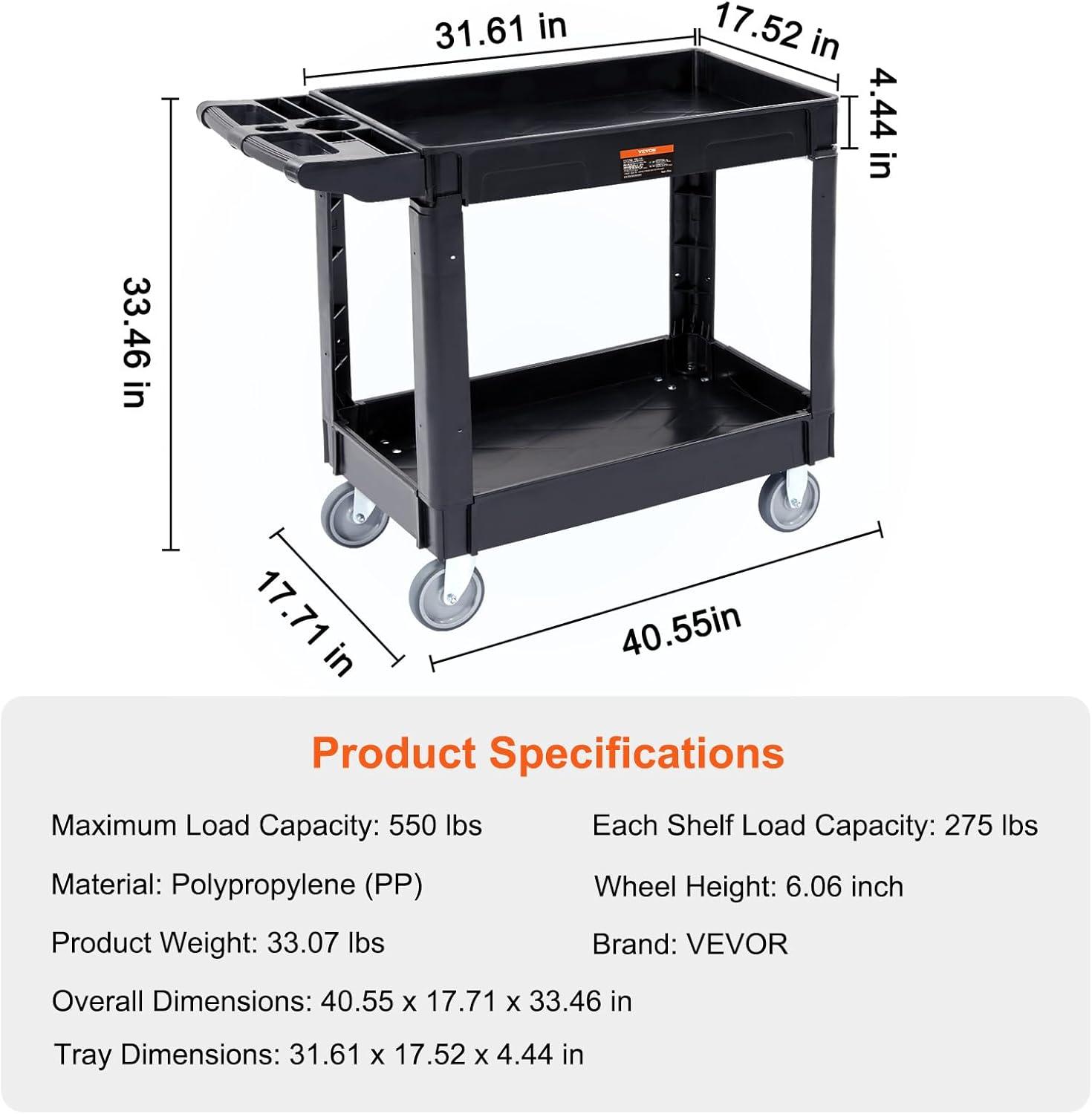 image:imageVEVOR Foldable Utility Service Cart 165LBS 3 Shelf Heavy Duty Plastic Rolling Cart with 360 Swivel Wheels 2 with Brakes Ergonomic Handle Portable Garage Tool Cart for Warehouse Office Home2 Tier550LBS