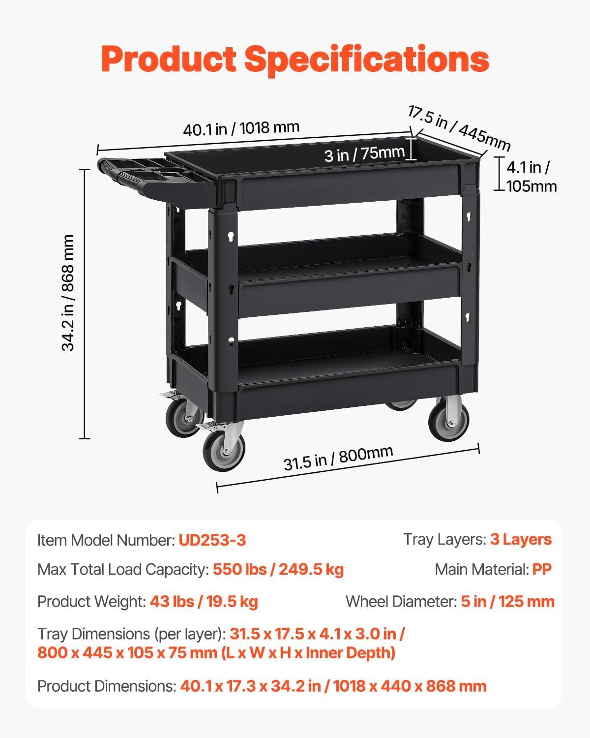image:imageVEVOR Foldable Utility Service Cart 165LBS 3 Shelf Heavy Duty Plastic Rolling Cart with 360 Swivel Wheels 2 with Brakes Ergonomic Handle Portable Garage Tool Cart for Warehouse Office Home3 Tier550LBS