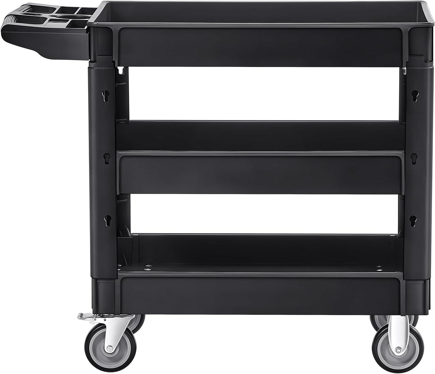 image:imageVEVOR Foldable Utility Service Cart 165LBS 3 Shelf Heavy Duty Plastic Rolling Cart with 360 Swivel Wheels 2 with Brakes Ergonomic Handle Portable Garage Tool Cart for Warehouse Office Home3 Tier550LBS