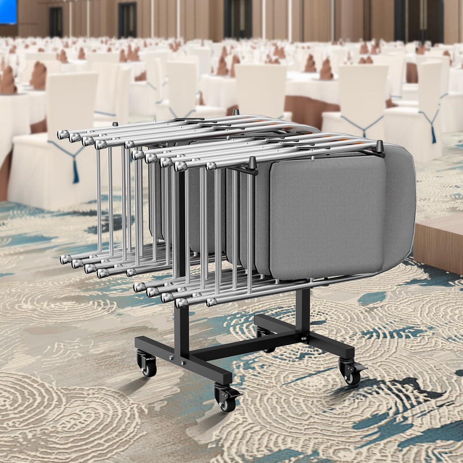 image:imageVEVOR Folding Chair Rack 300 LBS Capacity LShape Horizontal Placement Chair Cart for 25 Chairs HeavyDuty Metal Chair Storage Dolly with Rubber Wheels and Holders Large Chair Holder Matte BlackTShape type