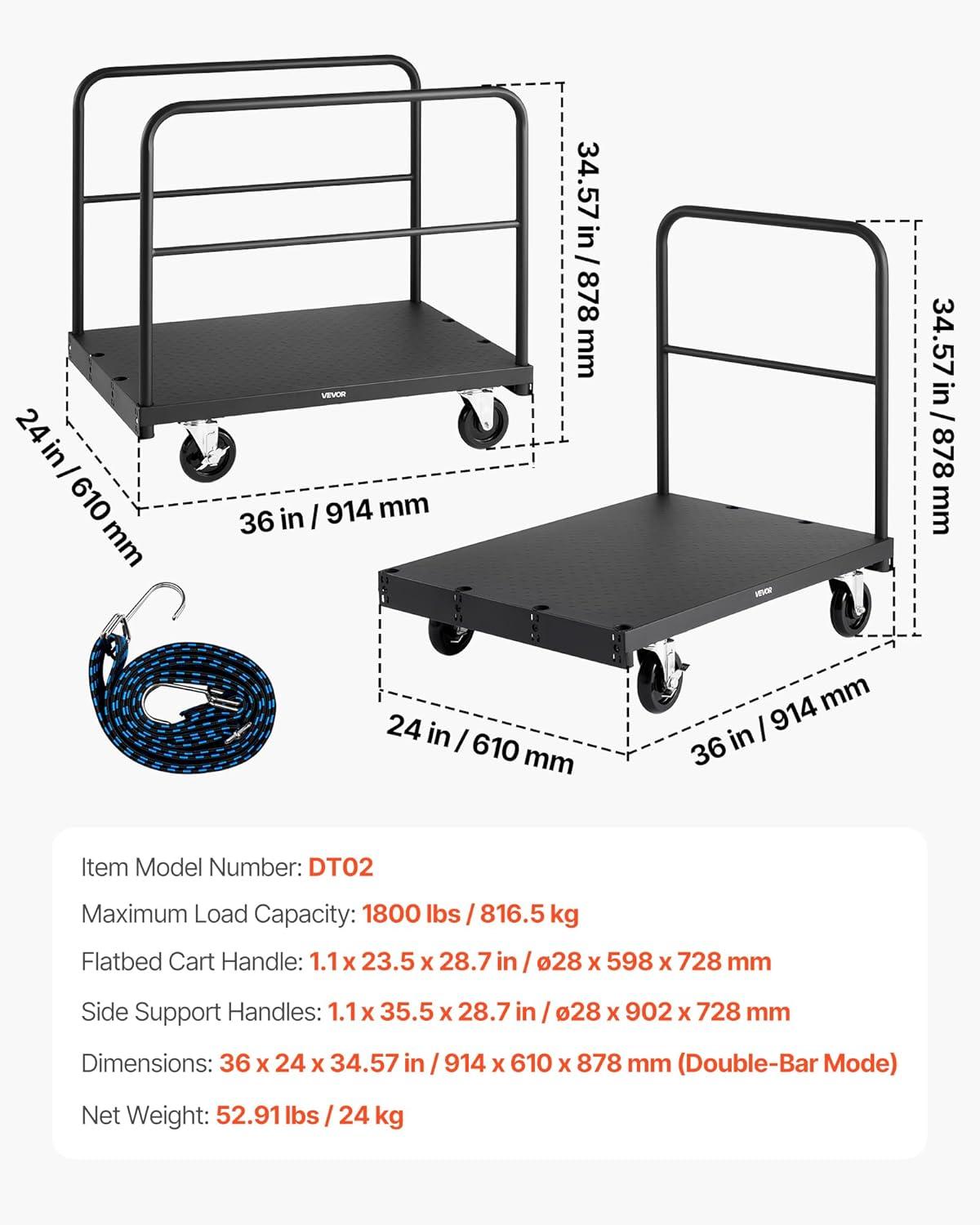 image:imageVEVOR Folding Table Cart Heavy Duty Table Trolley with 5 Swivel Wheels 1800 LBS Drywall Dolly Cart for Garage Home Warehouse Party Event Hotel Furniture 10 Table CapacityMultifunction Double Bar