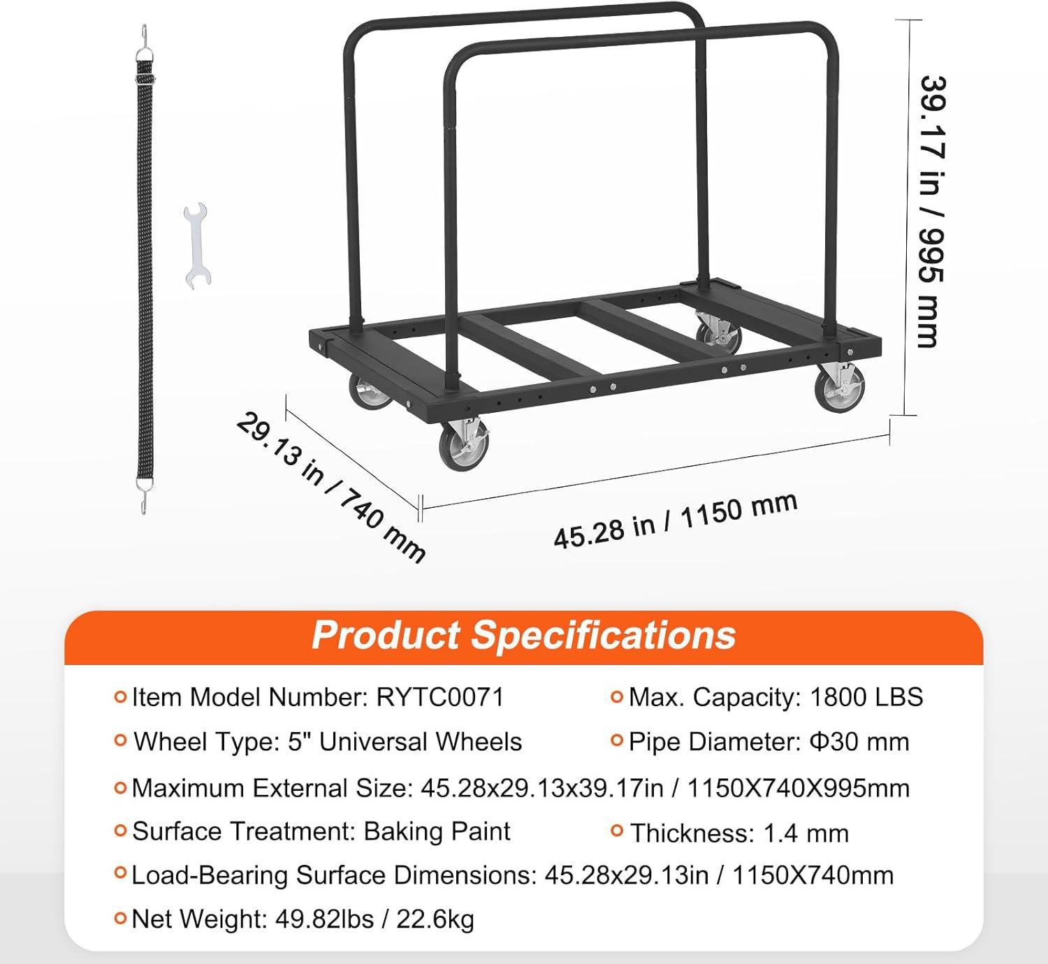 image:imageVEVOR Folding Table Cart Heavy Duty Table Trolley with 5 Swivel Wheels 1800 LBS Drywall Dolly Cart for Garage Home Warehouse Party Event Hotel Furniture 10 Table Capacity1800LBS Double Bar