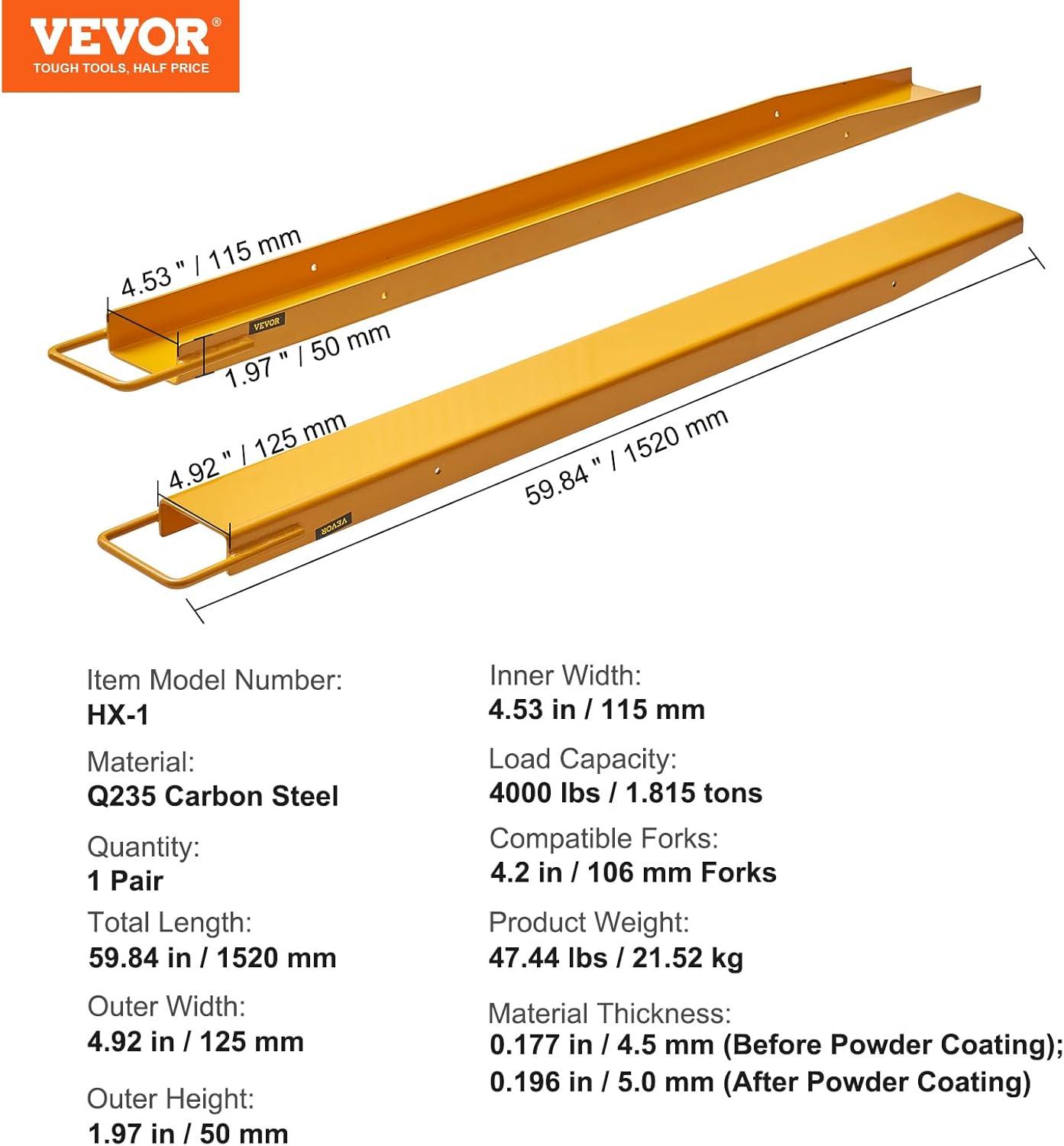 image:imageVEVOR Forklift Extensions 96 Inch Pallet Fork Extensions 45 Inch Width Heavy Duty Fork Extensions for Forklifts 1 Pair Forklift Extensions for Forklift Truck60 x 45 Inch