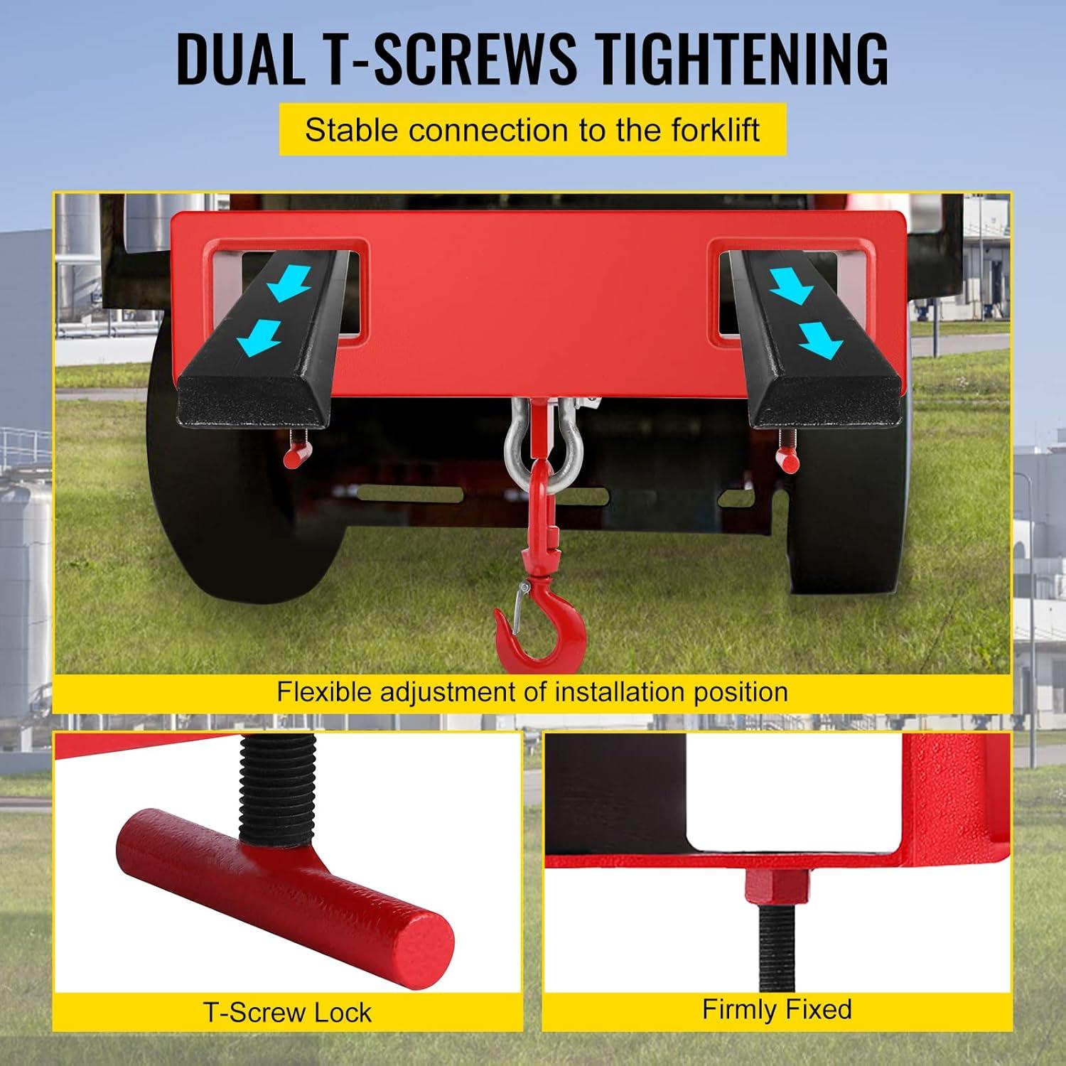 image:imageVEVOR Forklift Lifting Hook 6600lbs Capacity Forklift Lifting Hoist Red Forklift Mobile Crane with Swivel Hook and Two Large TScrews Hook Forklift Lifting Hoist Fork Lifting Attachment4400 LBS