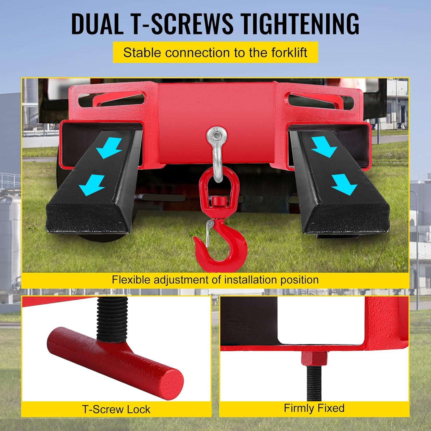 image:imageVEVOR Forklift Lifting Hook 6600lbs Capacity Forklift Lifting Hoist Red Forklift Mobile Crane with Swivel Hook and Two Large TScrews Hook Forklift Lifting Hoist Fork Lifting Attachment6600LBS