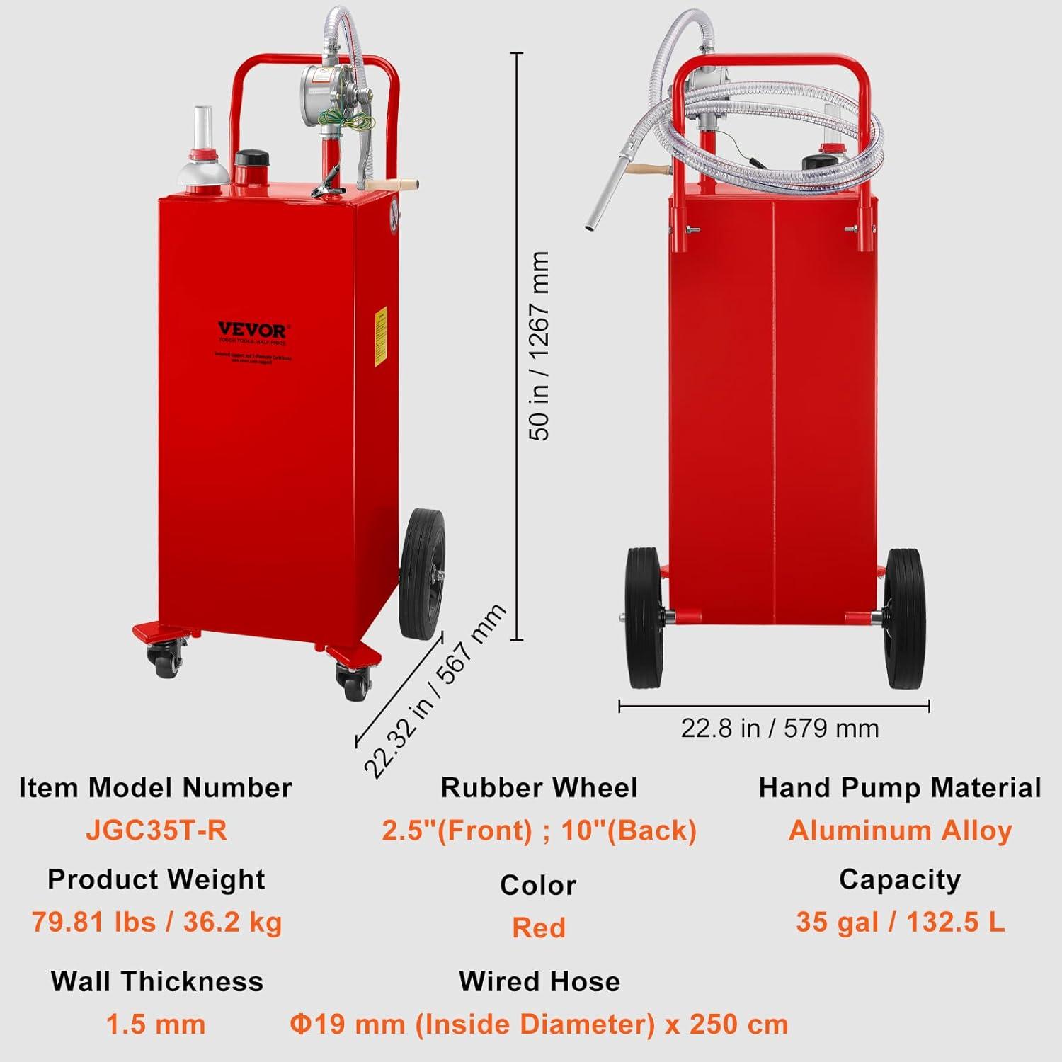 image:imageVEVOR Fuel Caddy 35 Gallon Gas Storage Tank on 4 Wheels with Manual Transfer Pump Gasoline Diesel Fuel Container for Cars Lawn Mowers ATVs Boats More YellowRed