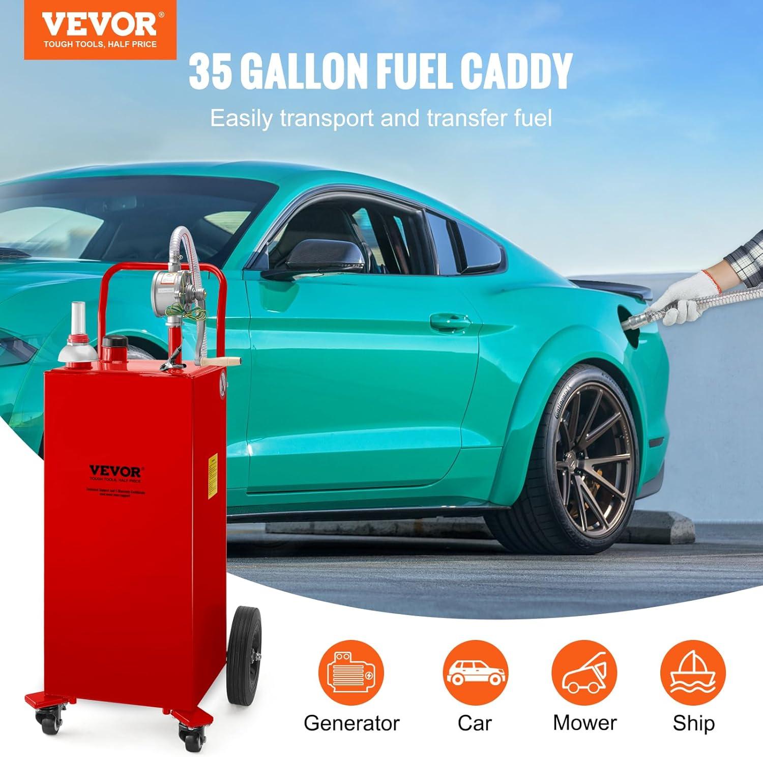image:imageVEVOR Fuel Caddy 35 Gallon Gas Storage Tank on 4 Wheels with Manual Transfer Pump Gasoline Diesel Fuel Container for Cars Lawn Mowers ATVs Boats More YellowRed