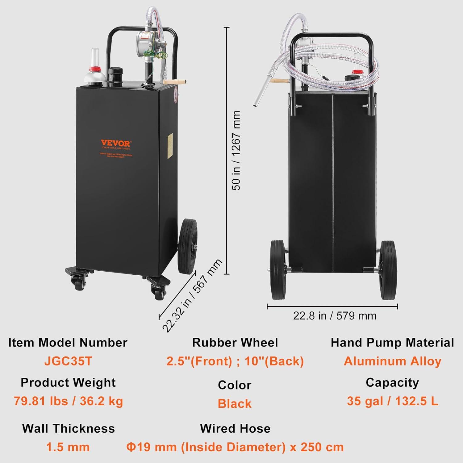 image:imageVEVOR Fuel Caddy 35 Gallon Gas Storage Tank on 4 Wheels with Manual Transfer Pump Gasoline Diesel Fuel Container for Cars Lawn Mowers ATVs Boats More YellowBlack