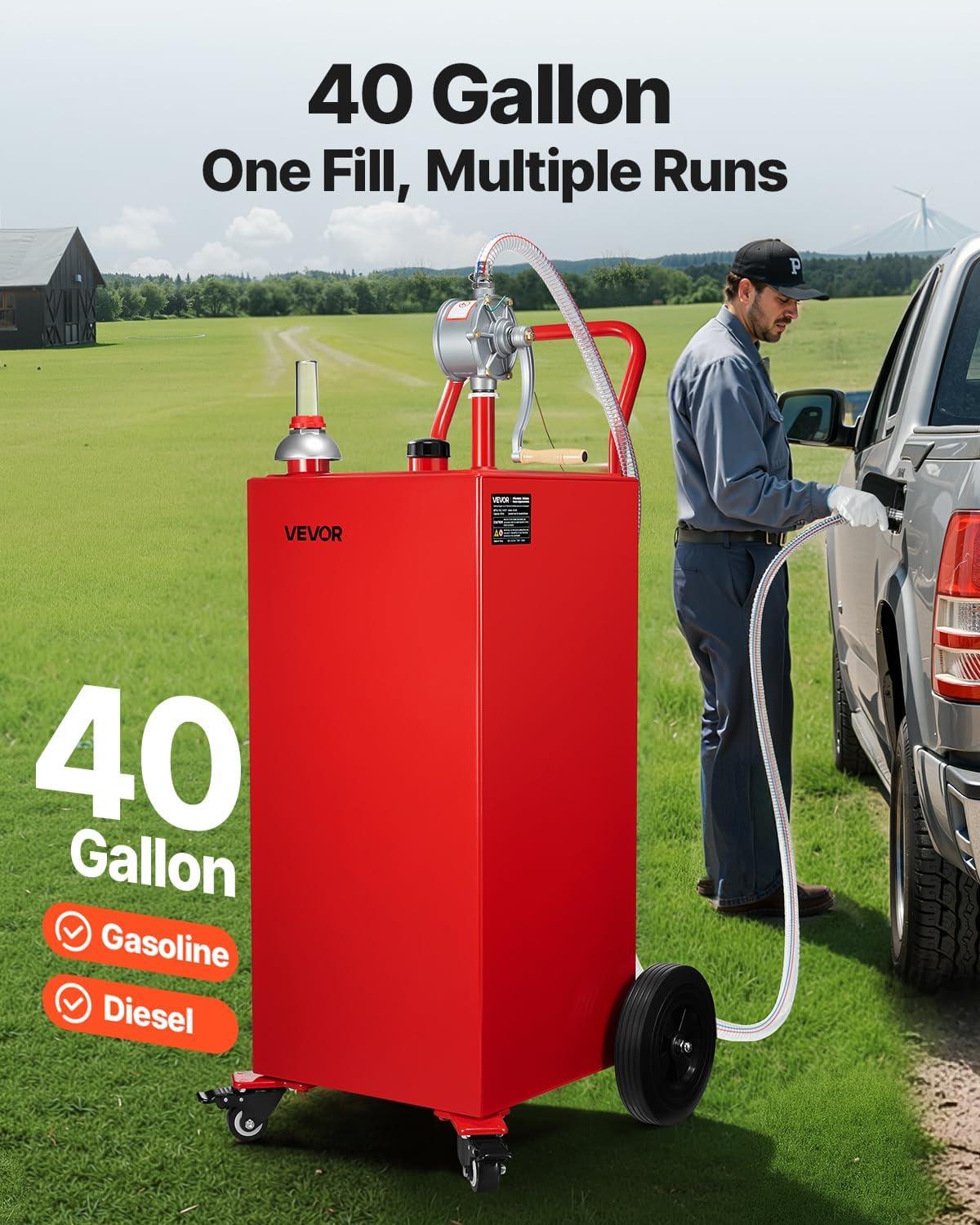 image:imageVEVOR Fuel Caddy 35 Gallon Gas Storage Tank on 4 Wheels with Manual Transfer Pump Gasoline Diesel Fuel Container for Cars Lawn Mowers ATVs Boats More YellowRed