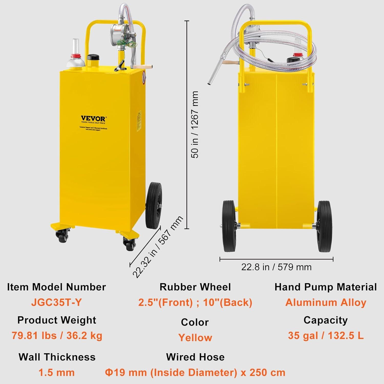 image:imageVEVOR Fuel Caddy 35 Gallon Gas Storage Tank on 4 Wheels with Manual Transfer Pump Gasoline Diesel Fuel Container for Cars Lawn Mowers ATVs Boats More YellowYellow