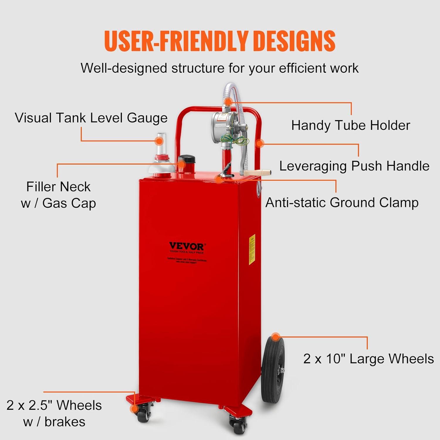 image:imageVEVOR Fuel Caddy 35 Gallon Gas Storage Tank on 4 Wheels with Manual Transfer Pump Gasoline Diesel Fuel Container for Cars Lawn Mowers ATVs Boats More YellowRed