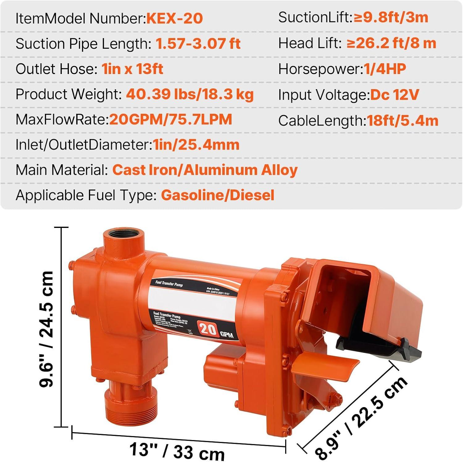 image:imageVEVOR Fuel Transfer Pump 12V DC 16 GPM 14 HP Gasoline Extractor Pump with Automatic Nozzle Discharge Hose amp Suction Pipe for Gasoline Diesel Kerosene Ethanol amp Methanol Blends and Biodiesel12V 20GPM with Accessories