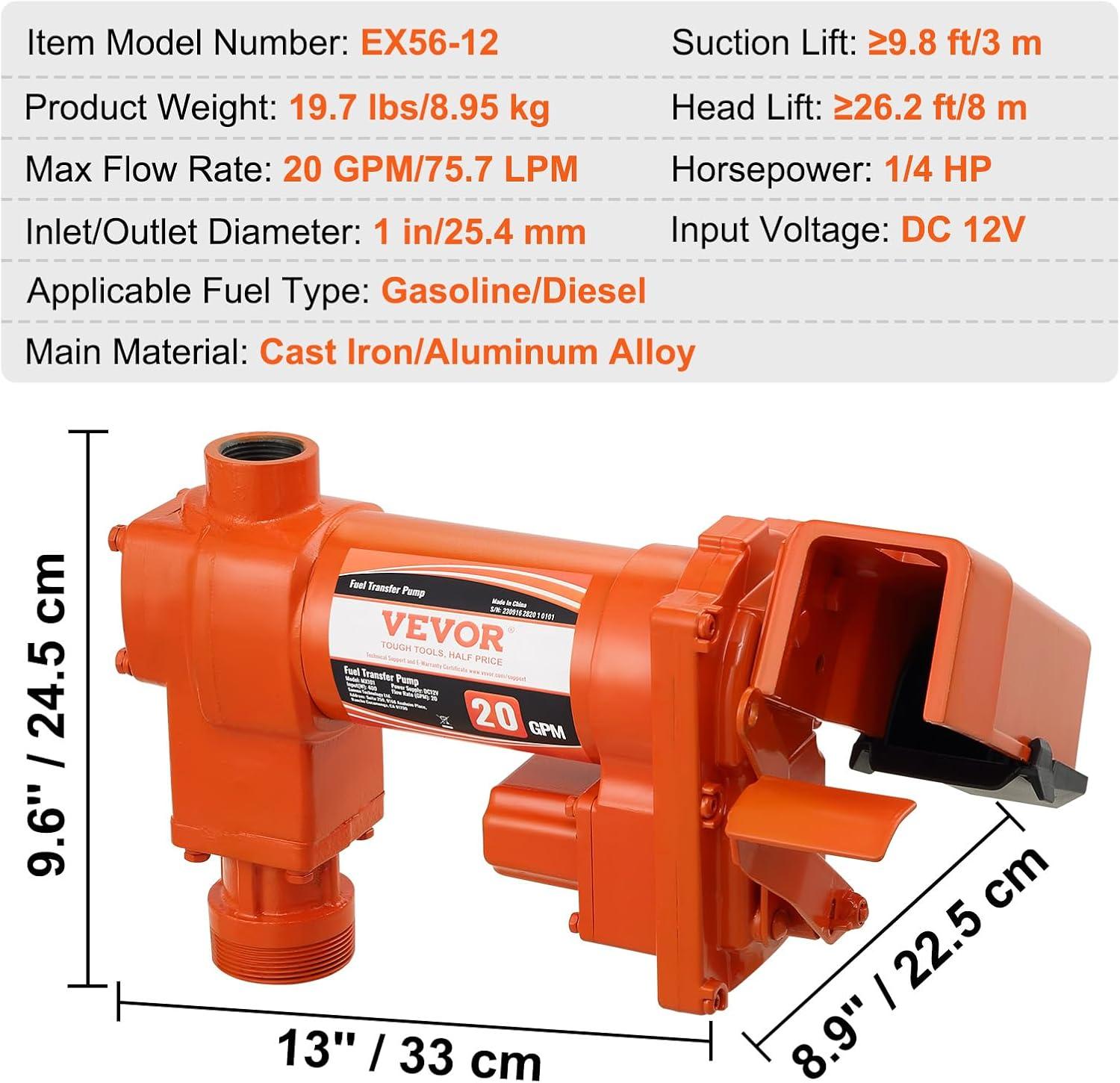 image:imageVEVOR Fuel Transfer Pump 12V DC 16 GPM 14 HP Gasoline Extractor Pump with Automatic Nozzle Discharge Hose amp Suction Pipe for Gasoline Diesel Kerosene Ethanol amp Methanol Blends and Biodiesel12V 20GPM without Accessories