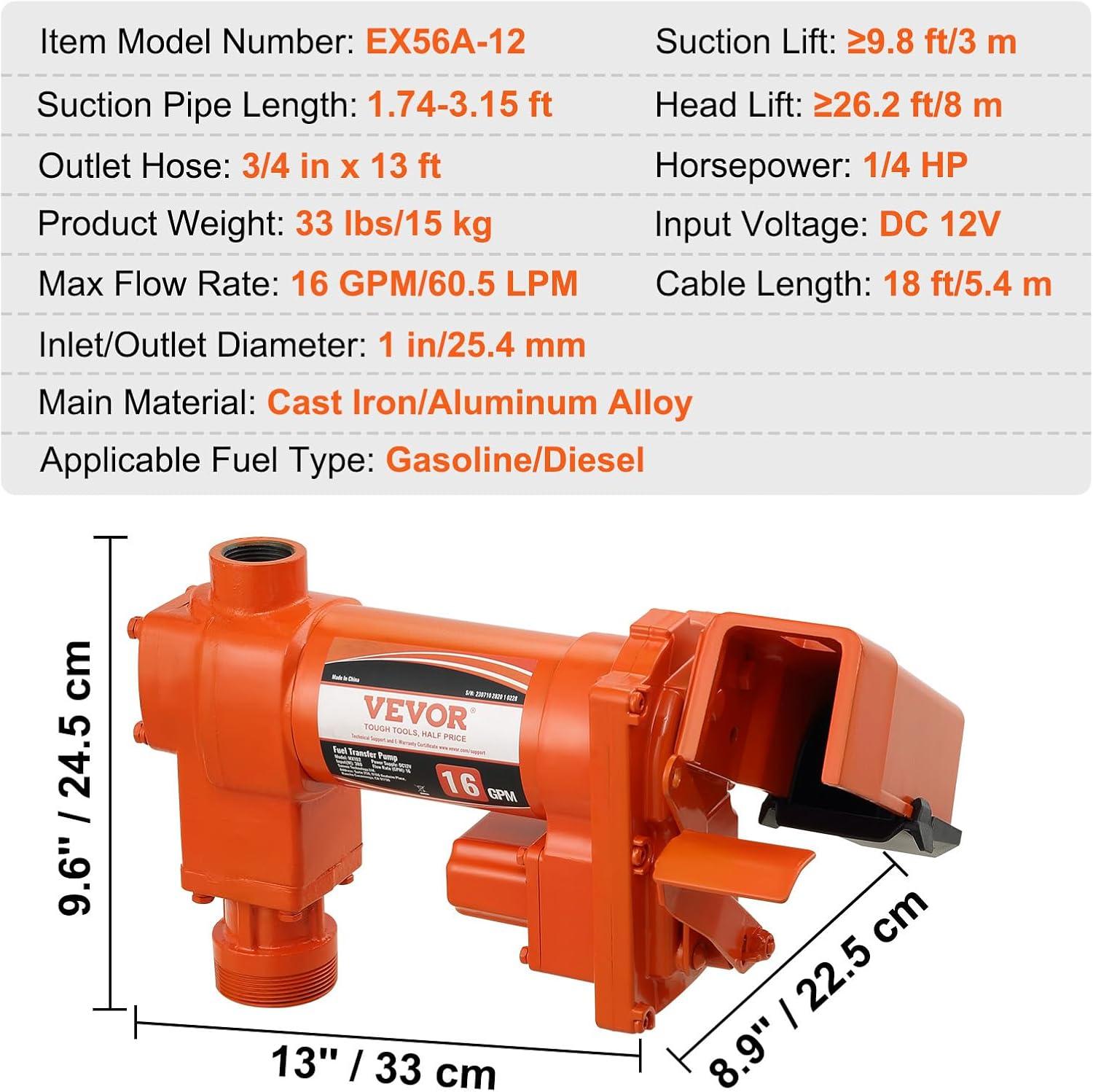 image:imageVEVOR Fuel Transfer Pump 12V DC 16 GPM 14 HP Gasoline Extractor Pump with Automatic Nozzle Discharge Hose amp Suction Pipe for Gasoline Diesel Kerosene Ethanol amp Methanol Blends and Biodiesel12V 16GPM with Accessories