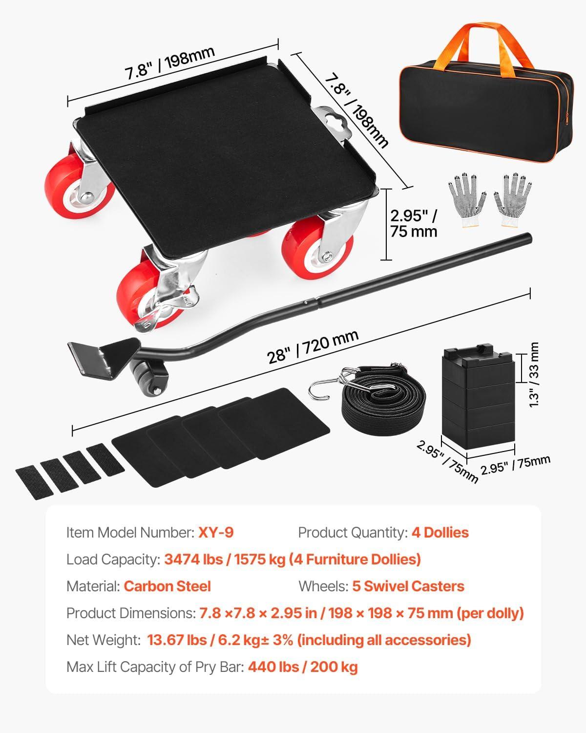 image:imageVEVOR Furniture Dolly Heavy Duty Furniture Movers with 5 x 360 Rotation Wheels Carbon Steel Panel Furniture Lift Slider Tool Set for Appliances Sofa Fridge Washing MachineXL 78 x 78