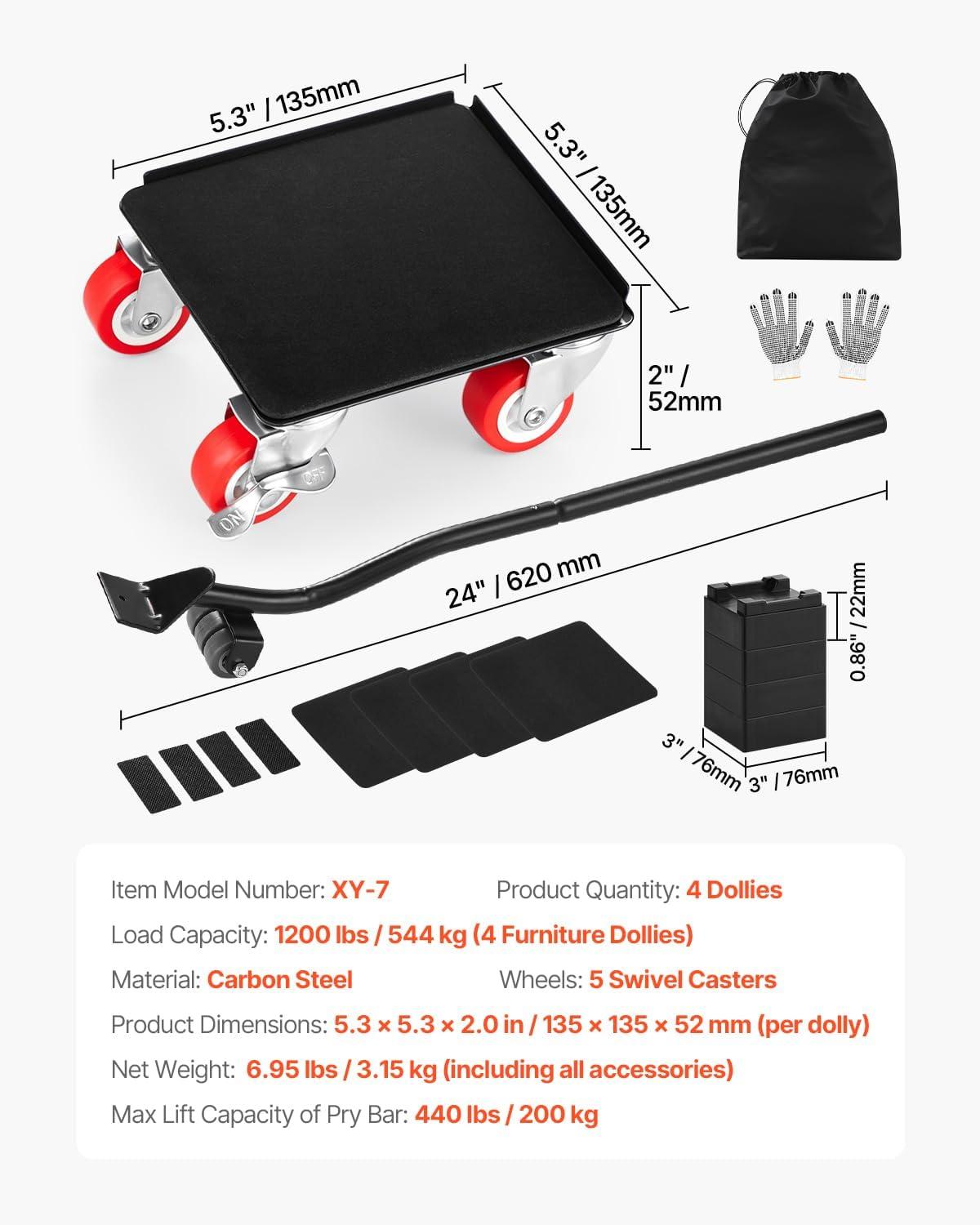 image:imageVEVOR Furniture Dolly Heavy Duty Furniture Movers with 5 x 360 Rotation Wheels Carbon Steel Panel Furniture Lift Slider Tool Set for Appliances Sofa Fridge Washing MachineM 53 x 53