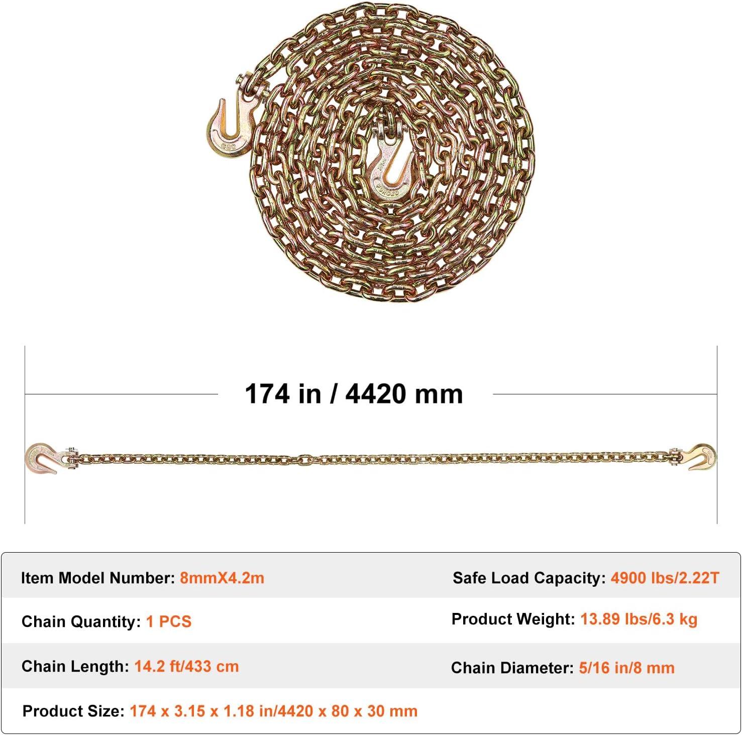 image:imageVEVOR G80 Transport Binder Chain 516 x 142 Tow Chain with Clevis Grab Hooks 4900 lbs Safe Working Load Heavy Duty Trailer Logging Chain for Transporting Towing Truck Tie Down Binding Equipment1 Pack