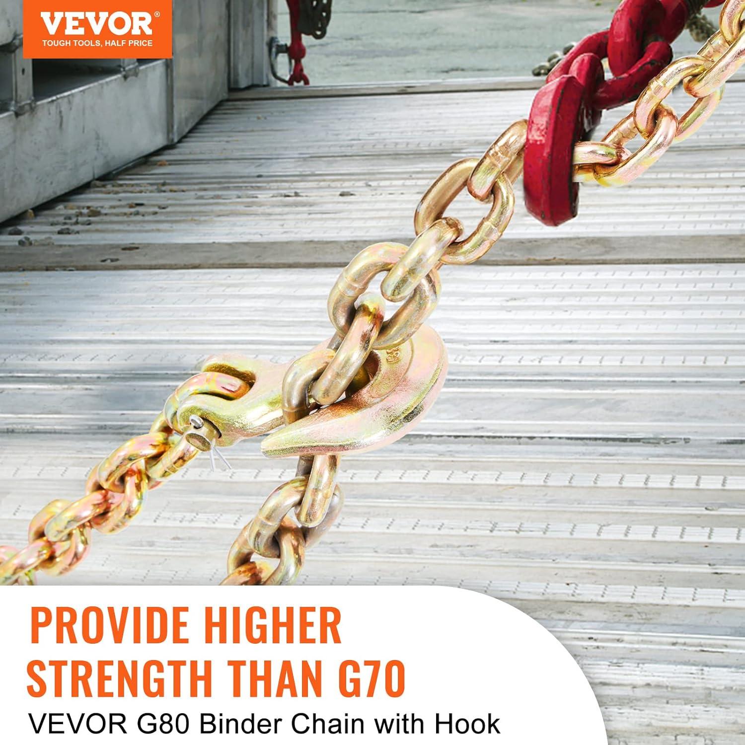 image:imageVEVOR G80 Transport Binder Chain 516 x 142 Tow Chain with Clevis Grab Hooks 4900 lbs Safe Working Load Heavy Duty Trailer Logging Chain for Transporting Towing Truck Tie Down Binding Equipment1 Pack