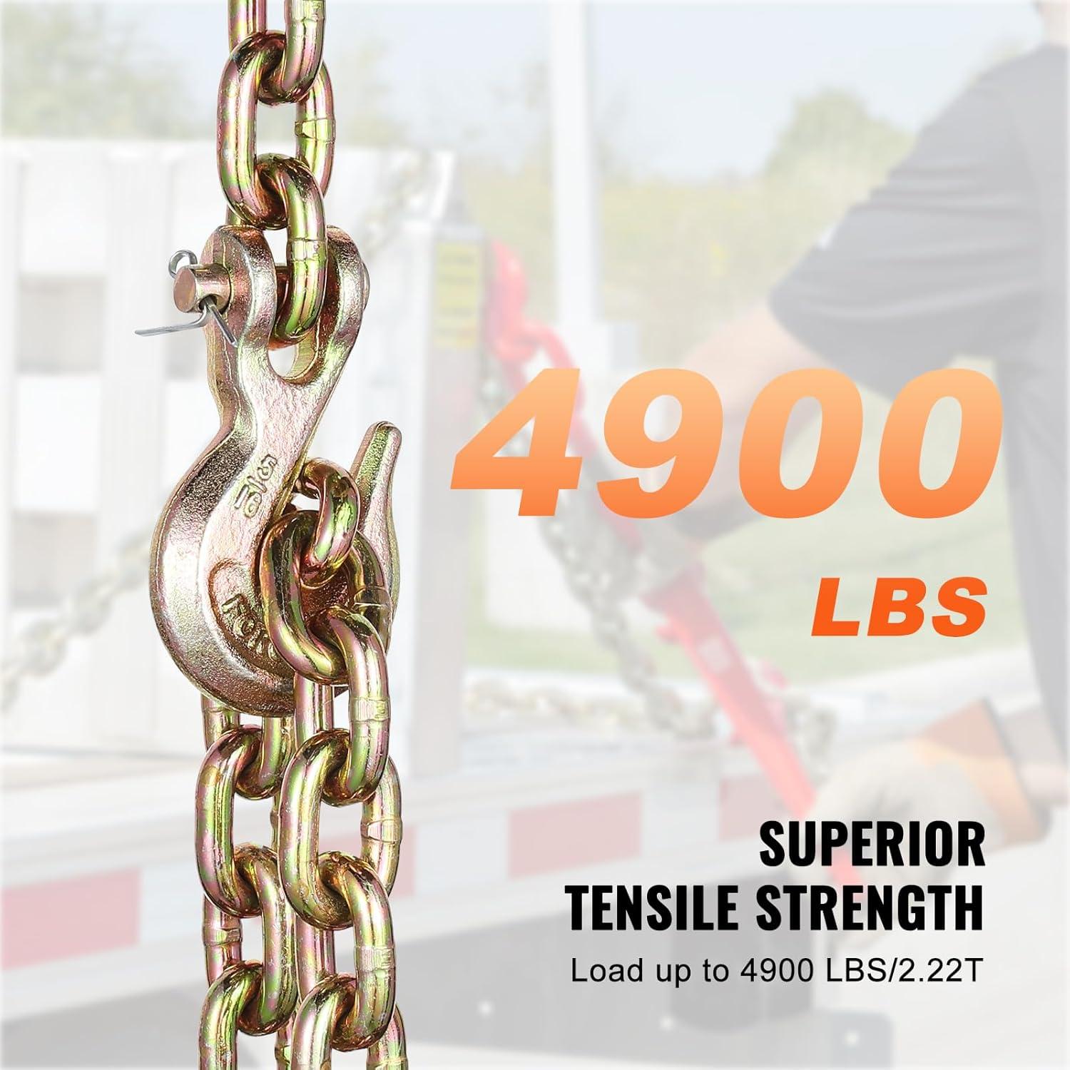 image:imageVEVOR G80 Transport Binder Chain 516 x 142 Tow Chain with Clevis Grab Hooks 4900 lbs Safe Working Load Heavy Duty Trailer Logging Chain for Transporting Towing Truck Tie Down Binding Equipment2 Pack