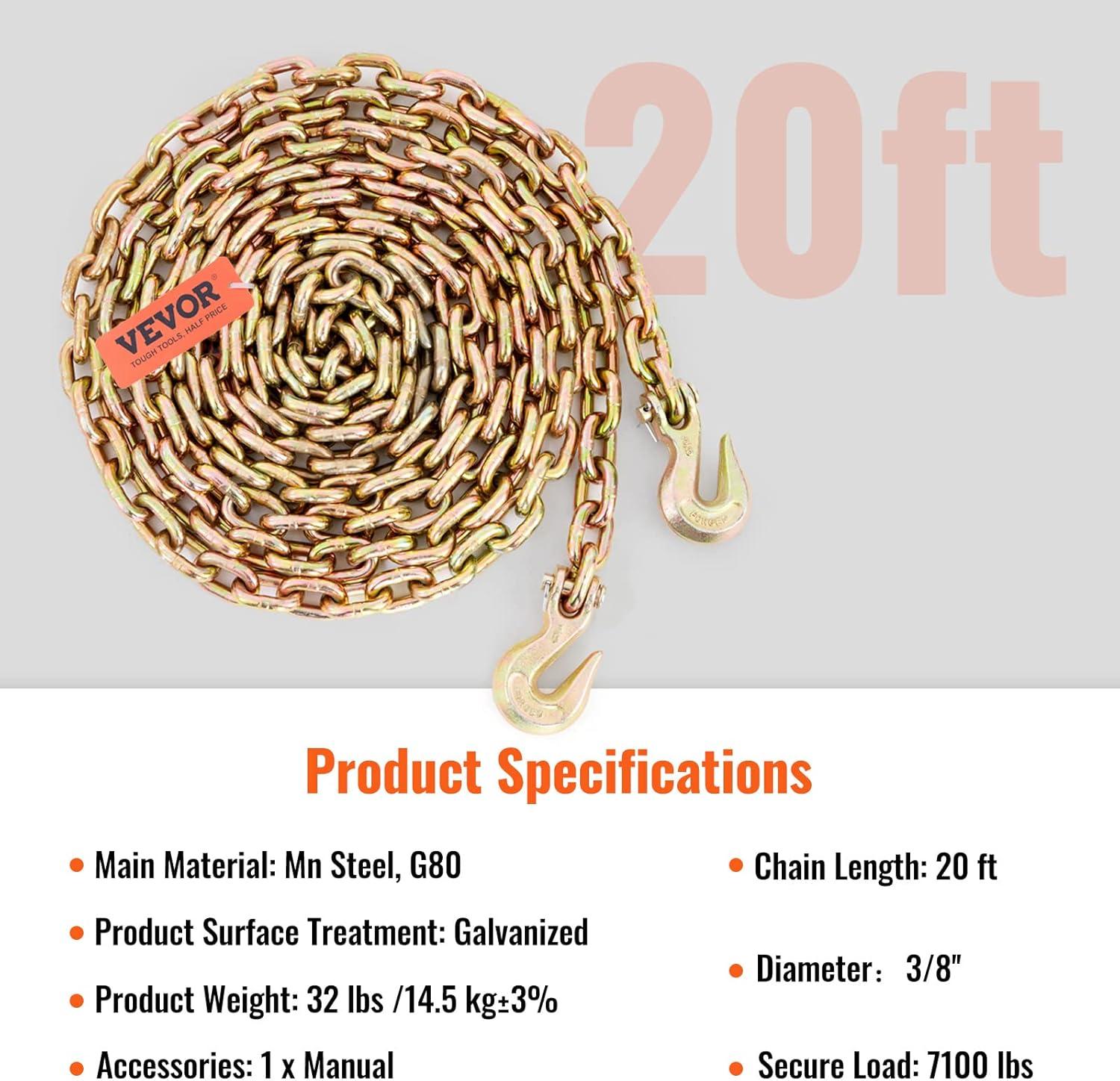 image:imageVEVOR G80 Transport Binder Chain 516 x 142 Tow Chain with Clevis Grab Hooks 4900 lbs Safe Working Load Heavy Duty Trailer Logging Chain for Transporting Towing Truck Tie Down Binding Equipment1 Pack
