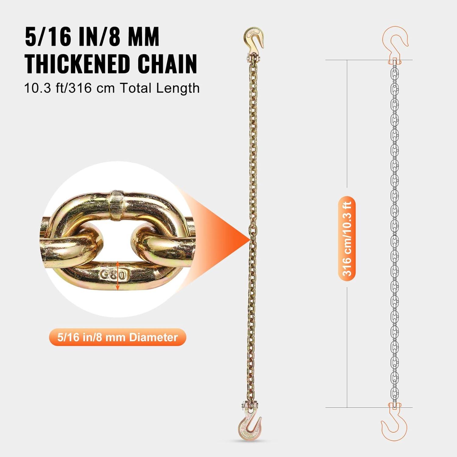 image:imageVEVOR G80 Transport Binder Chain 516 x 142 Tow Chain with Clevis Grab Hooks 4900 lbs Safe Working Load Heavy Duty Trailer Logging Chain for Transporting Towing Truck Tie Down Binding Equipment1 Pack
