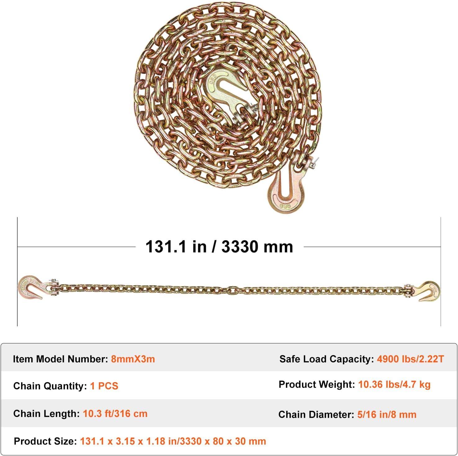 image:imageVEVOR G80 Transport Binder Chain 516 x 142 Tow Chain with Clevis Grab Hooks 4900 lbs Safe Working Load Heavy Duty Trailer Logging Chain for Transporting Towing Truck Tie Down Binding Equipment1 Pack