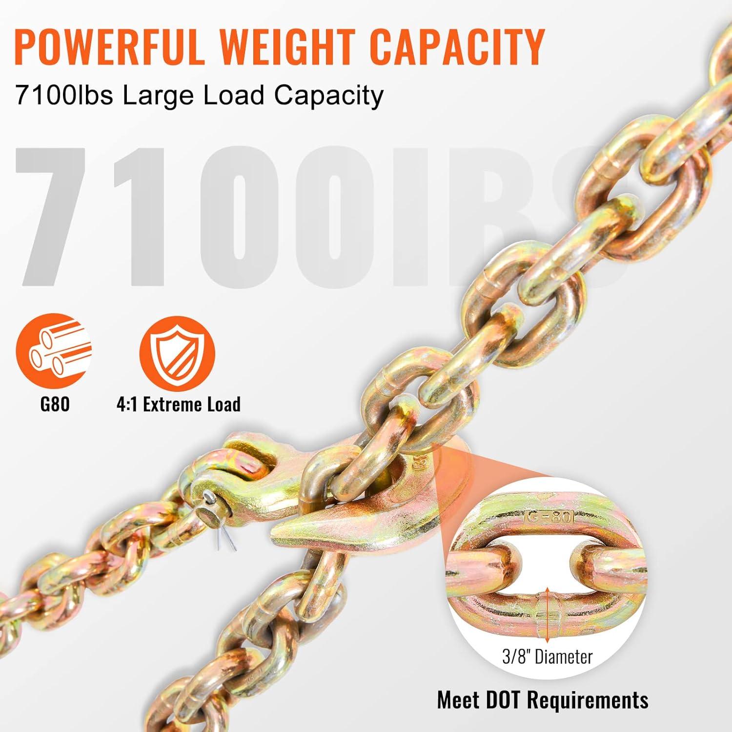 image:imageVEVOR G80 Transport Binder Chain 516 x 142 Tow Chain with Clevis Grab Hooks 4900 lbs Safe Working Load Heavy Duty Trailer Logging Chain for Transporting Towing Truck Tie Down Binding Equipment1 Pack