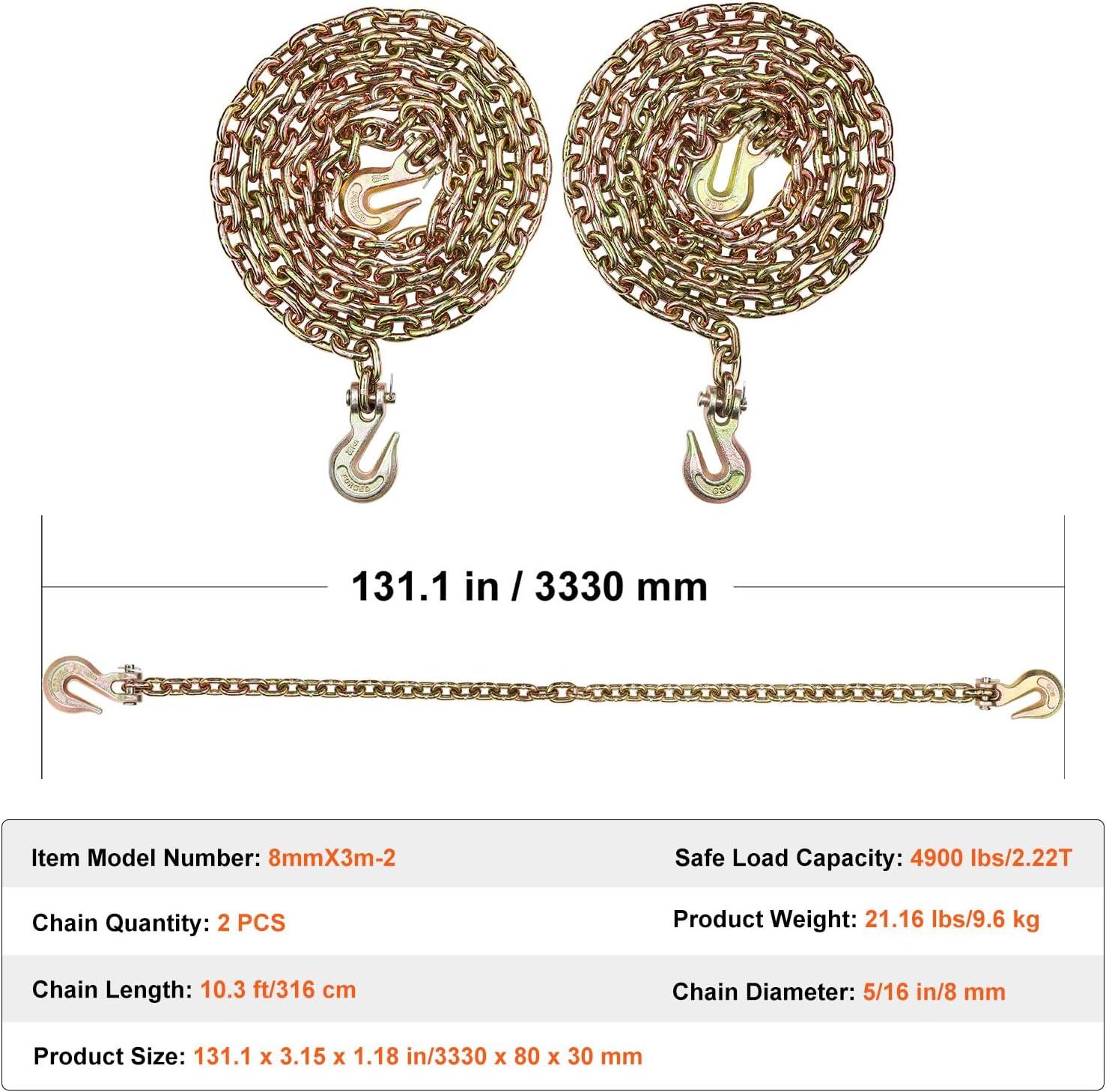 image:imageVEVOR G80 Transport Binder Chain 516 x 142 Tow Chain with Clevis Grab Hooks 4900 lbs Safe Working Load Heavy Duty Trailer Logging Chain for Transporting Towing Truck Tie Down Binding Equipment2 Pack