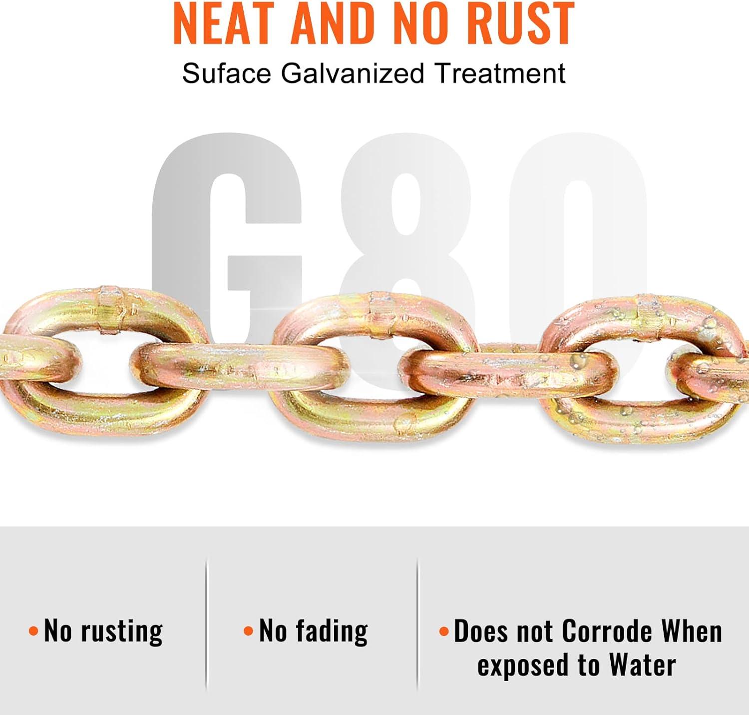 image:imageVEVOR G80 Transport Binder Chain 516 x 142 Tow Chain with Clevis Grab Hooks 4900 lbs Safe Working Load Heavy Duty Trailer Logging Chain for Transporting Towing Truck Tie Down Binding Equipment1 Pack