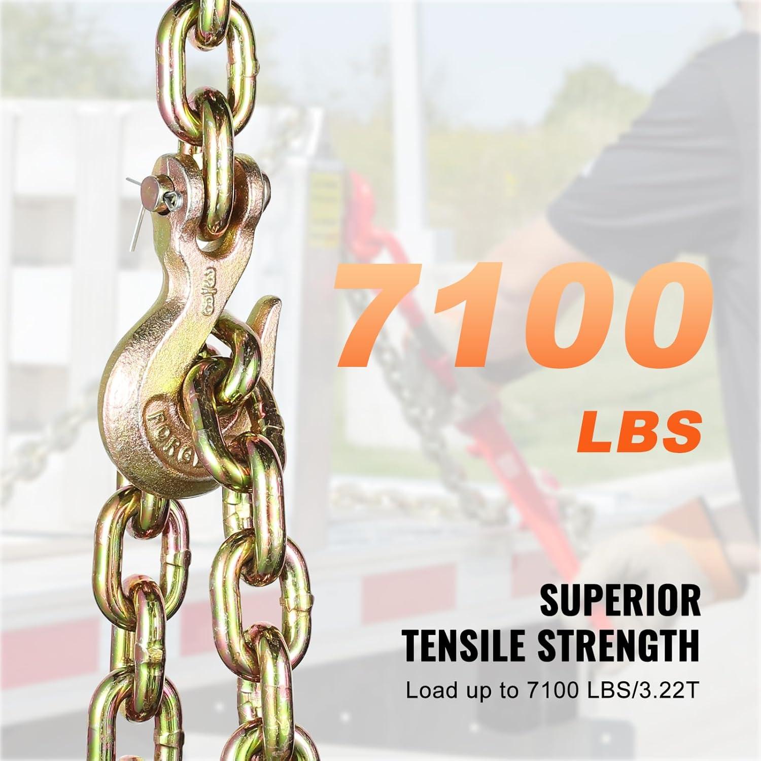 image:imageVEVOR G80 Transport Binder Chain 516 x 142 Tow Chain with Clevis Grab Hooks 4900 lbs Safe Working Load Heavy Duty Trailer Logging Chain for Transporting Towing Truck Tie Down Binding Equipment2 Pack