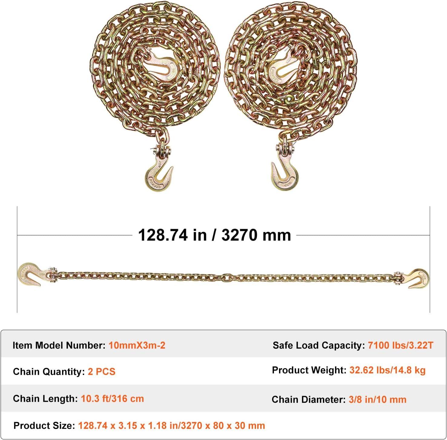image:imageVEVOR G80 Transport Binder Chain 516 x 142 Tow Chain with Clevis Grab Hooks 4900 lbs Safe Working Load Heavy Duty Trailer Logging Chain for Transporting Towing Truck Tie Down Binding Equipment2 Pack