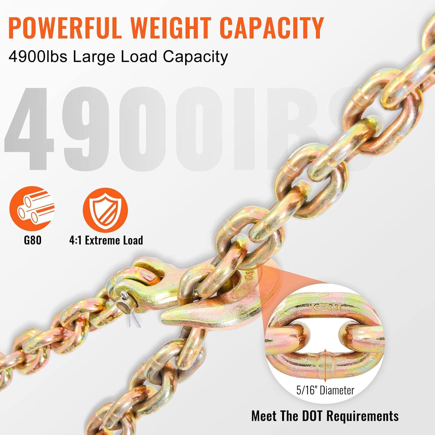 image:imageVEVOR G80 Transport Binder Chain 516 x 142 Tow Chain with Clevis Grab Hooks 4900 lbs Safe Working Load Heavy Duty Trailer Logging Chain for Transporting Towing Truck Tie Down Binding Equipment1 Pack