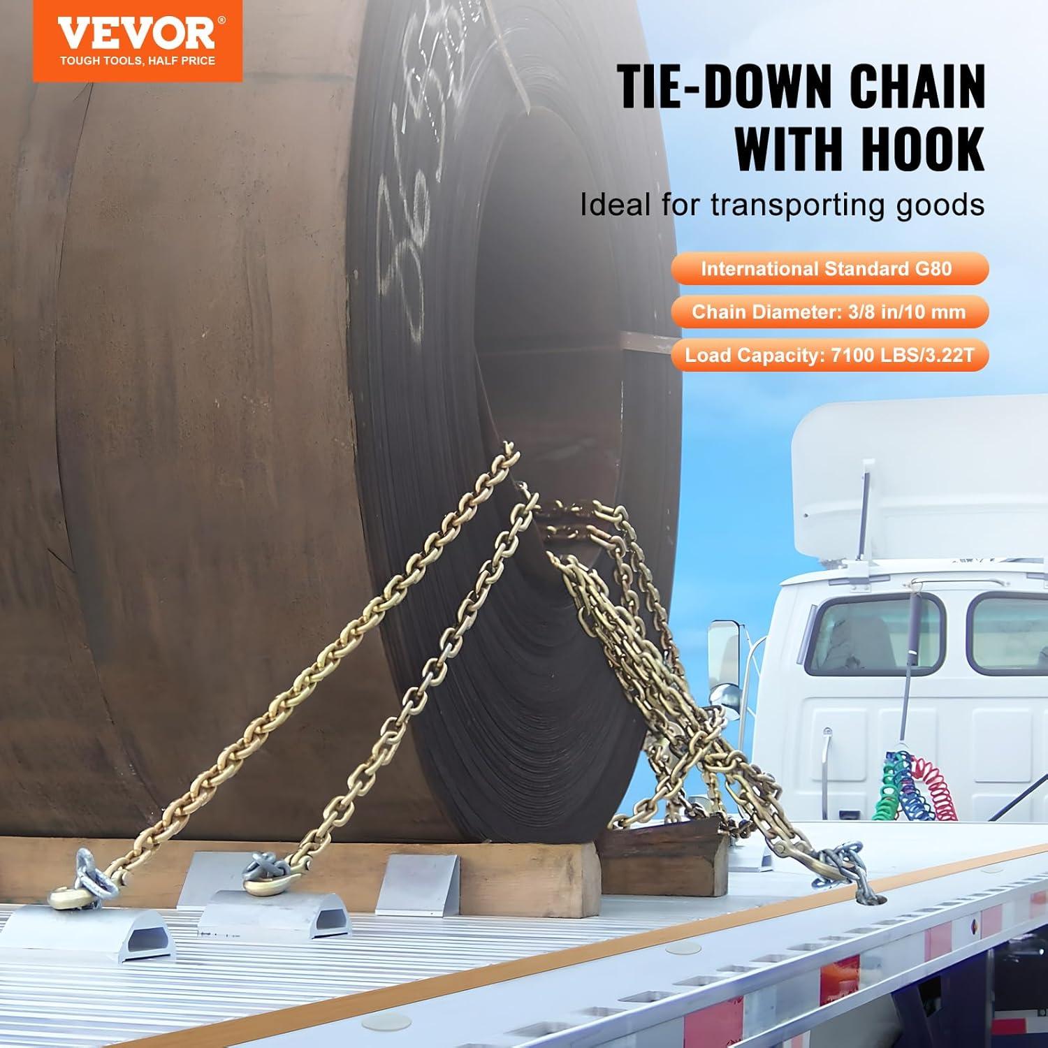image:imageVEVOR G80 Transport Binder Chain 516 x 142 Tow Chain with Clevis Grab Hooks 4900 lbs Safe Working Load Heavy Duty Trailer Logging Chain for Transporting Towing Truck Tie Down Binding Equipment2 Pack