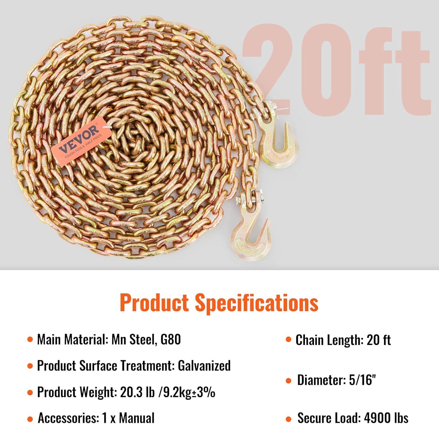 image:imageVEVOR G80 Transport Binder Chain 516 x 142 Tow Chain with Clevis Grab Hooks 4900 lbs Safe Working Load Heavy Duty Trailer Logging Chain for Transporting Towing Truck Tie Down Binding Equipment1 Pack