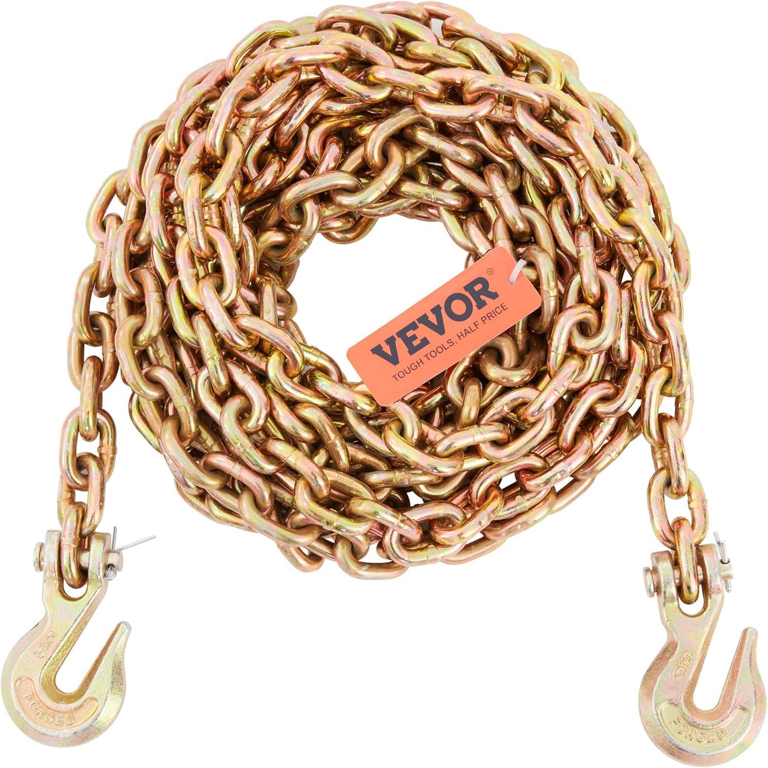 image:imageVEVOR G80 Transport Binder Chain 516 x 142 Tow Chain with Clevis Grab Hooks 4900 lbs Safe Working Load Heavy Duty Trailer Logging Chain for Transporting Towing Truck Tie Down Binding Equipment1 Pack